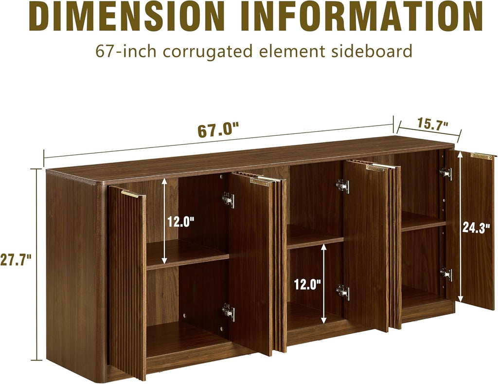67" Fluted Buffet Sideboard Cabinet with Storages, Modern Accent Cabinet with 6 Doors,Large Storage Cabinet for Kitchen, Living Room,Entryway(Walnut)