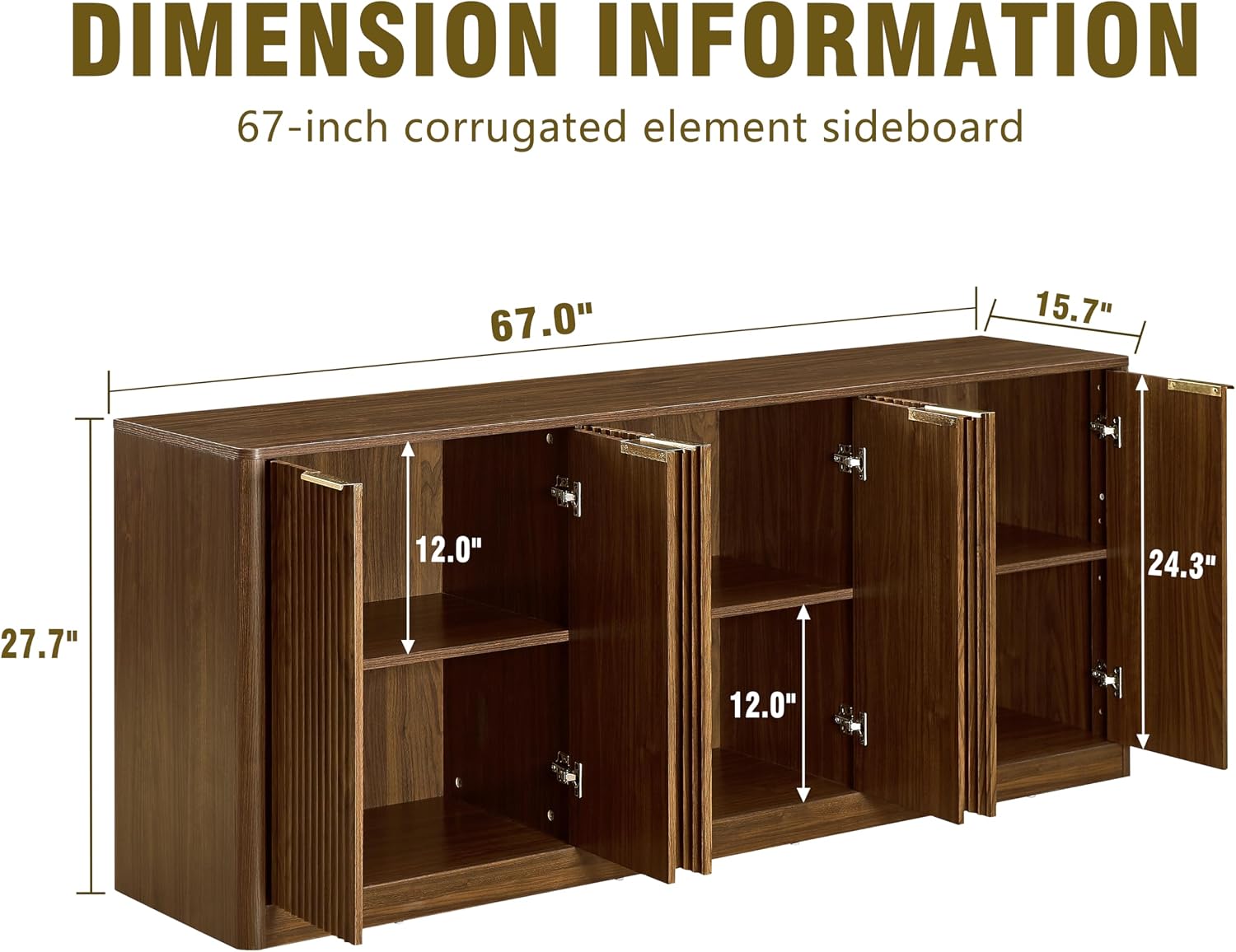 67" Fluted Buffet Sideboard Cabinet with Storages, Modern Accent Cabinet with 6 Doors,Large Storage Cabinet for Kitchen, Living Room,Entryway(Walnut)