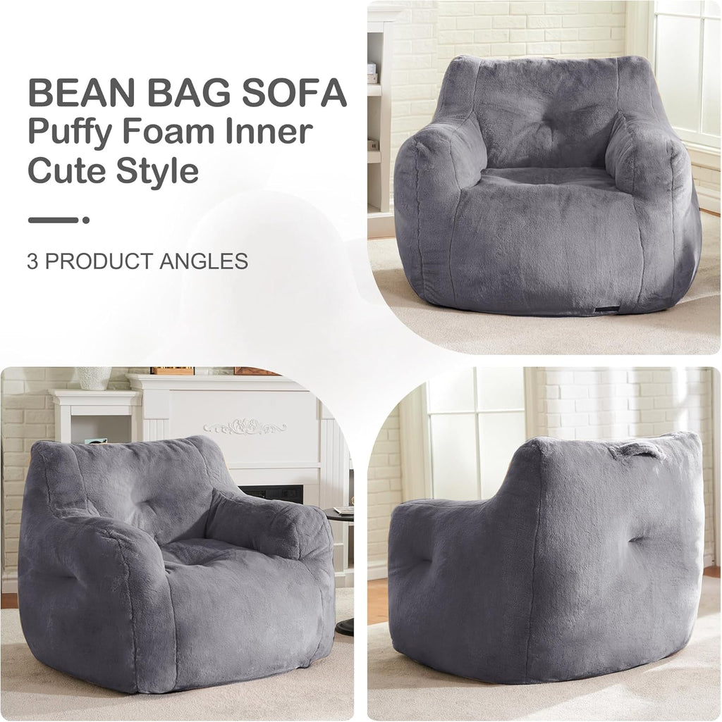 Hobestluk Bean Bag Chair for Adult Small Bean Bag Chairs with Arms Furry Beanbag Chair with Foam Filler Stuffed Bean Bag Sofa for Reading in Bedroom Living Room and Dorms(Grey)