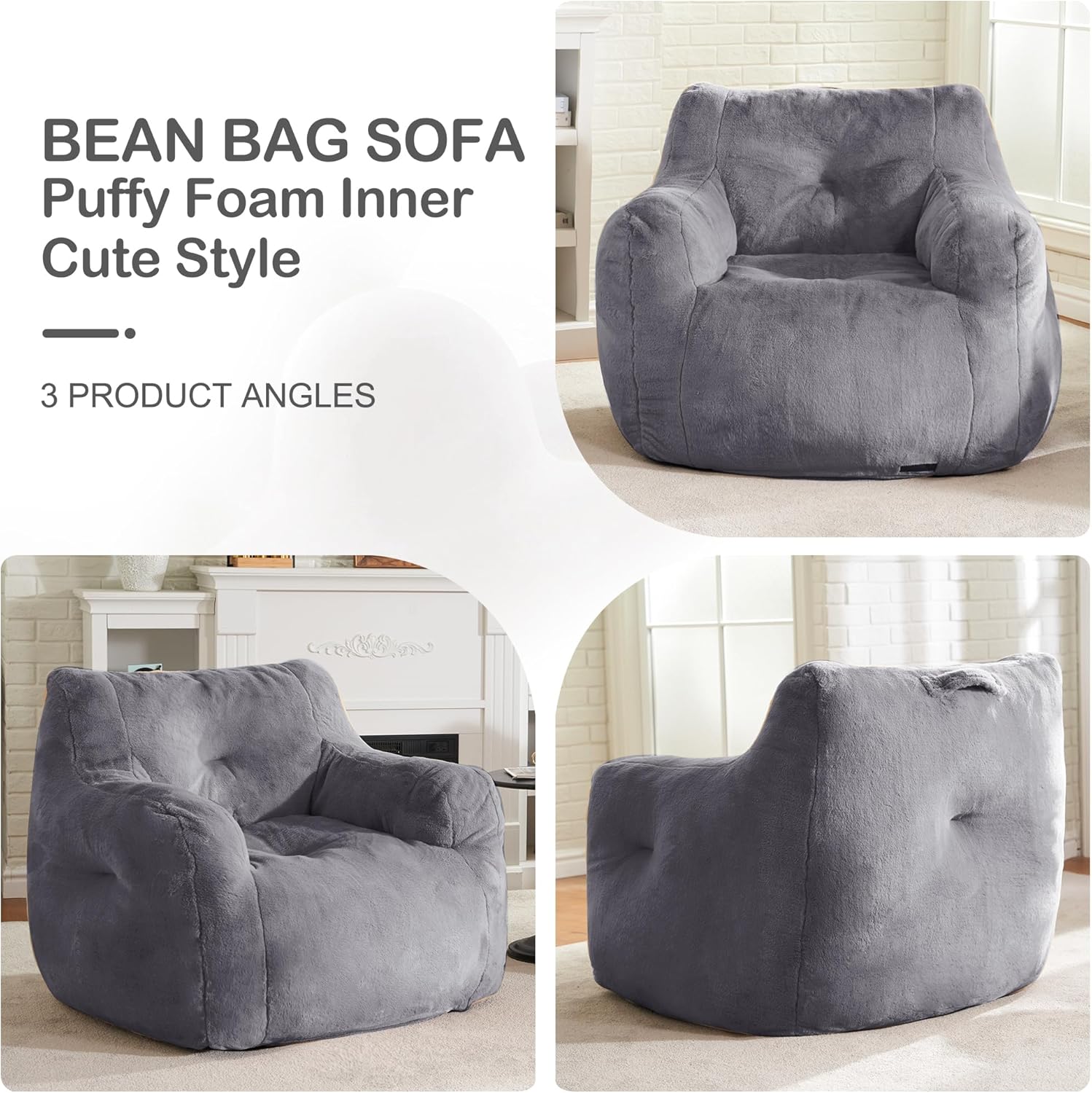 Hobestluk Bean Bag Chair for Adult Small Bean Bag Chairs with Arms Furry Beanbag Chair with Foam Filler Stuffed Bean Bag Sofa for Reading in Bedroom Living Room and Dorms(Grey)