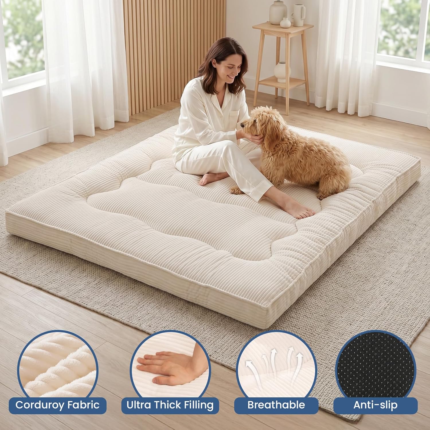 Extra Thick Futon Mattress - Japanese Floor Mattress for Adults, Portable Foldable Sleeping Pad for Guest, Camping, Dorm,Futon Mattress Queen Size with Storage Straps, Beige
