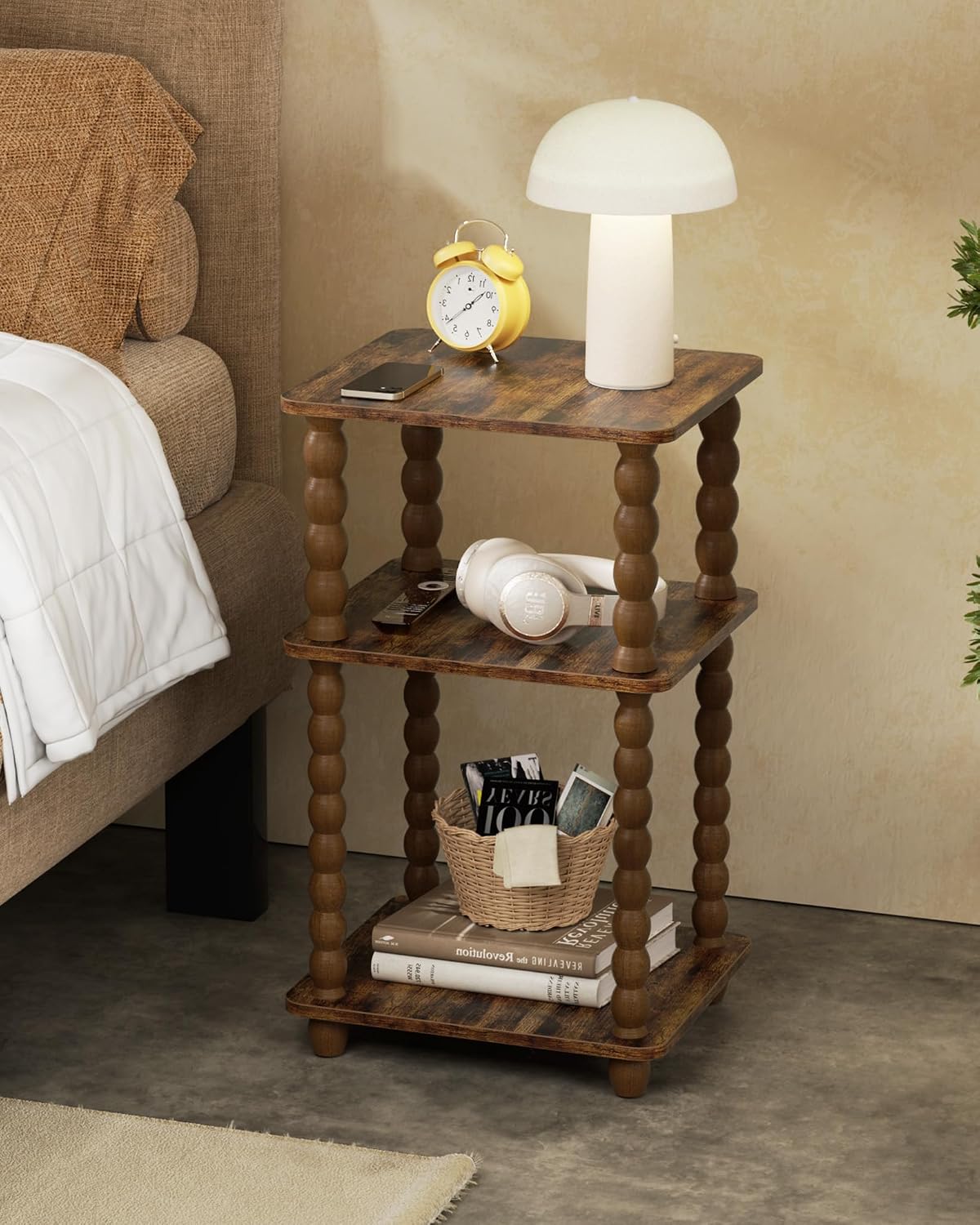 Tohiasen 3 Tier Side Table - Compact End Table with Solid Wood Legs, Small Nightstand with Open Shelves for Living Room Bedroom Office Nursery Small Spaces (Rustic Brown, Rectangular)