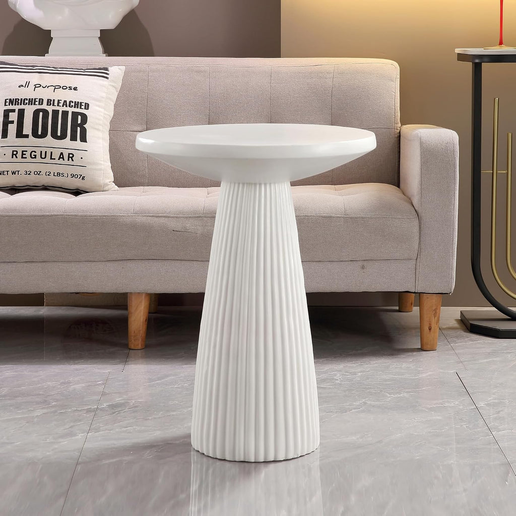 White Fluted Pedestal Side Table Modern Accent Table for Living Room Patio & Entryway Indoor Outdoor Weather Resistant End Table