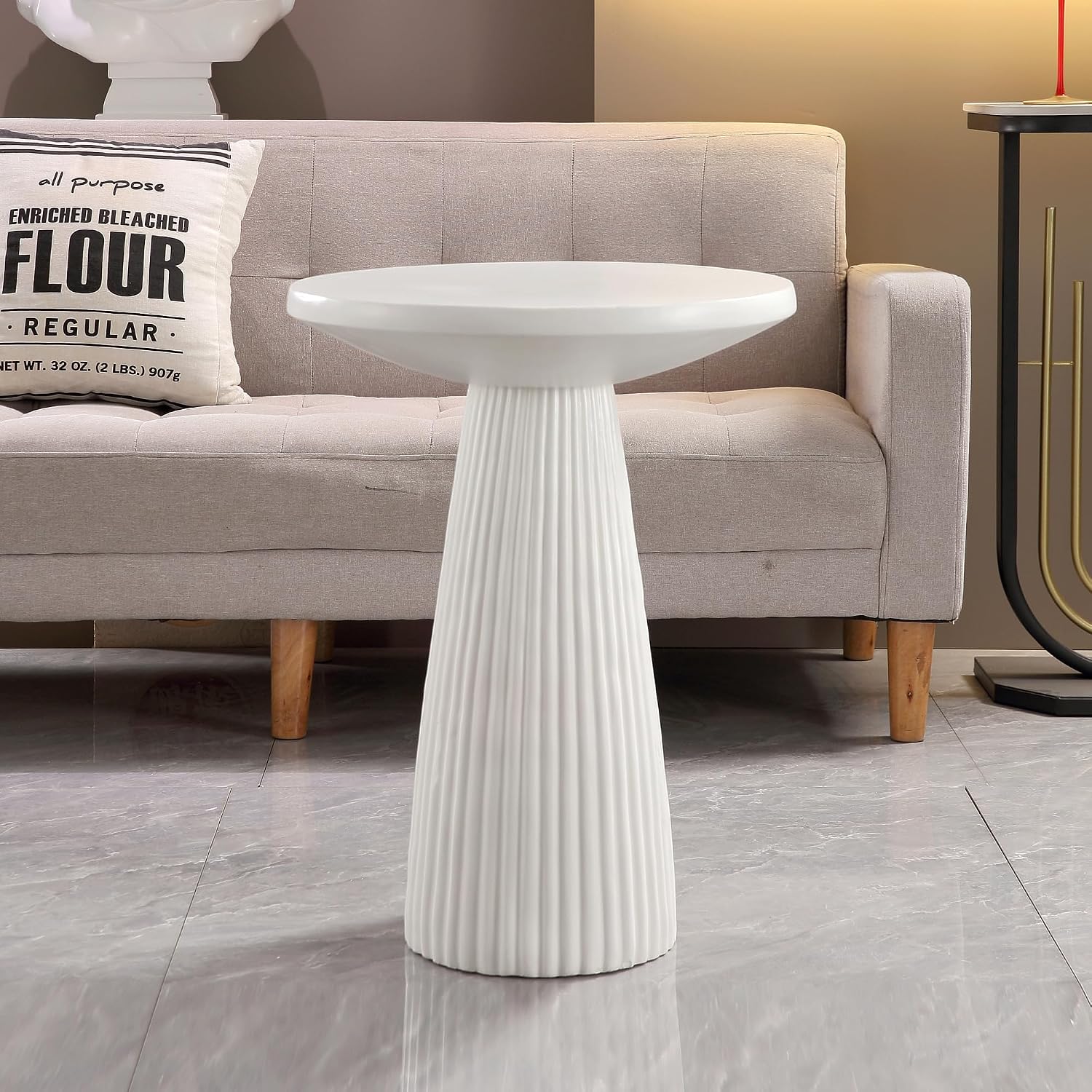 White Fluted Pedestal Side Table Modern Accent Table for Living Room Patio & Entryway Indoor Outdoor Weather Resistant End Table
