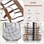 Mirightone Hanging Egg Chair with Stand, Foldable Wicker Egg Swing Chair for Patio Porch Balcony Bedroom, HDPE Rattan Hanging Chair with Plush Cushion, Removable Headrest & Adjustable Feet,Brown+Grey