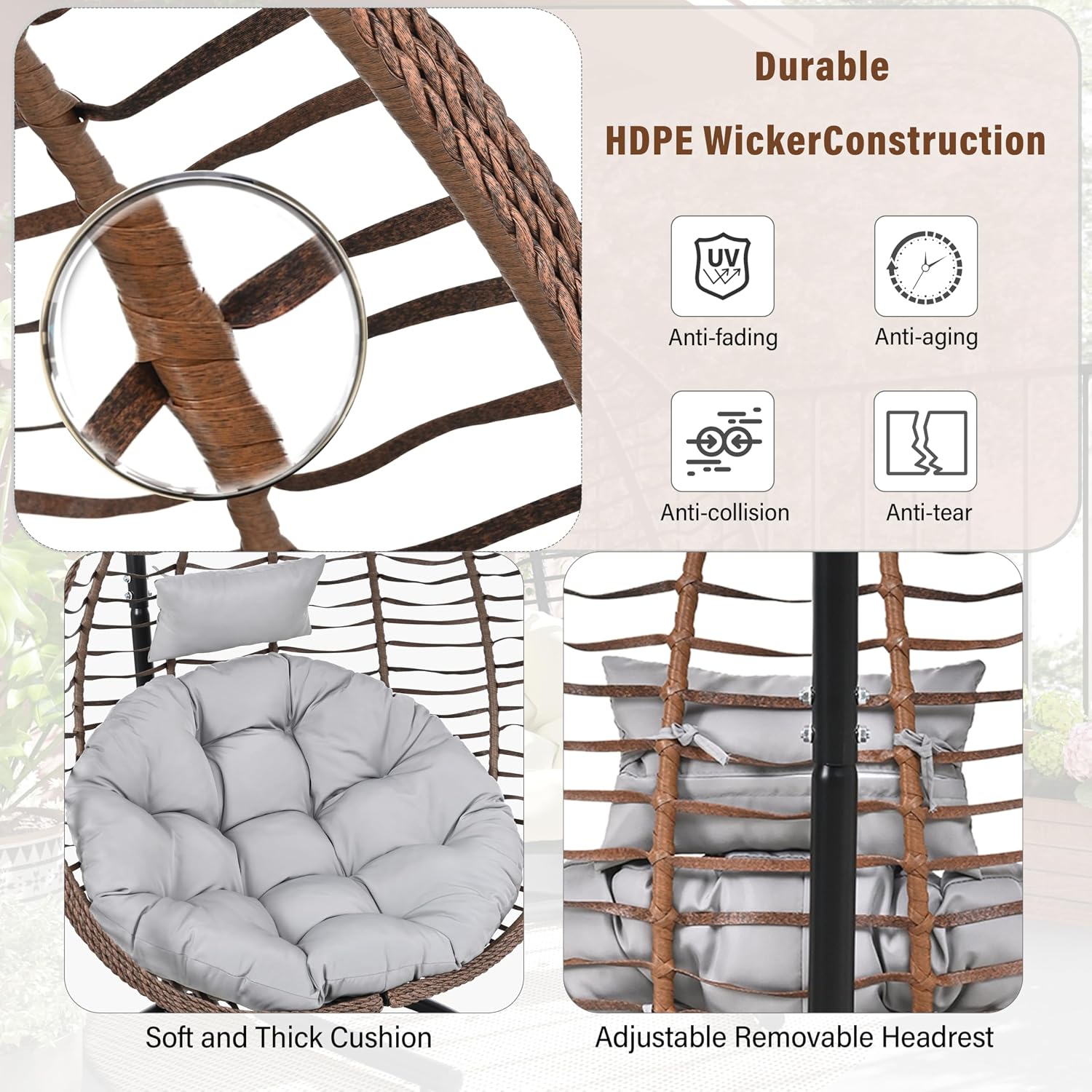 Mirightone Hanging Egg Chair with Stand, Foldable Wicker Egg Swing Chair for Patio Porch Balcony Bedroom, HDPE Rattan Hanging Chair with Plush Cushion, Removable Headrest & Adjustable Feet,Brown+Grey