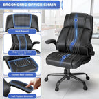 Executive Office Chair with Lumbar Support, High-Back Leather Ergonomic Computer Desk Chair with Flip-Up Arms, Height Adjustable and 360° Swivel, Rocking Function, for Home and Office, Black