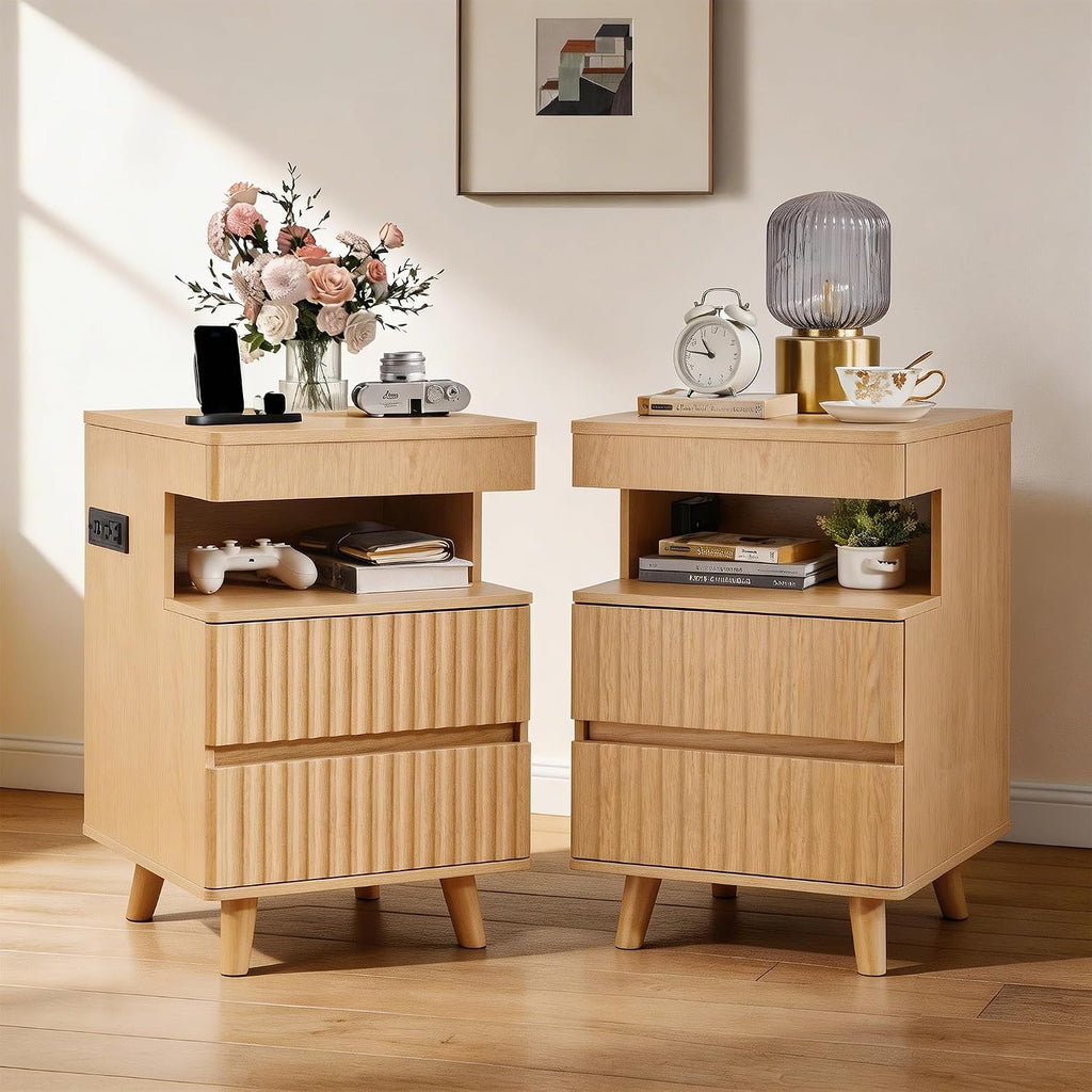 Night Stand with Gun Drawer, Charging Station, End Table with LED Lights, Modern Side Table with 2 Drawers & Open Shelf, Fluted Bedside Table for Bedroom Living Room Office, Oak