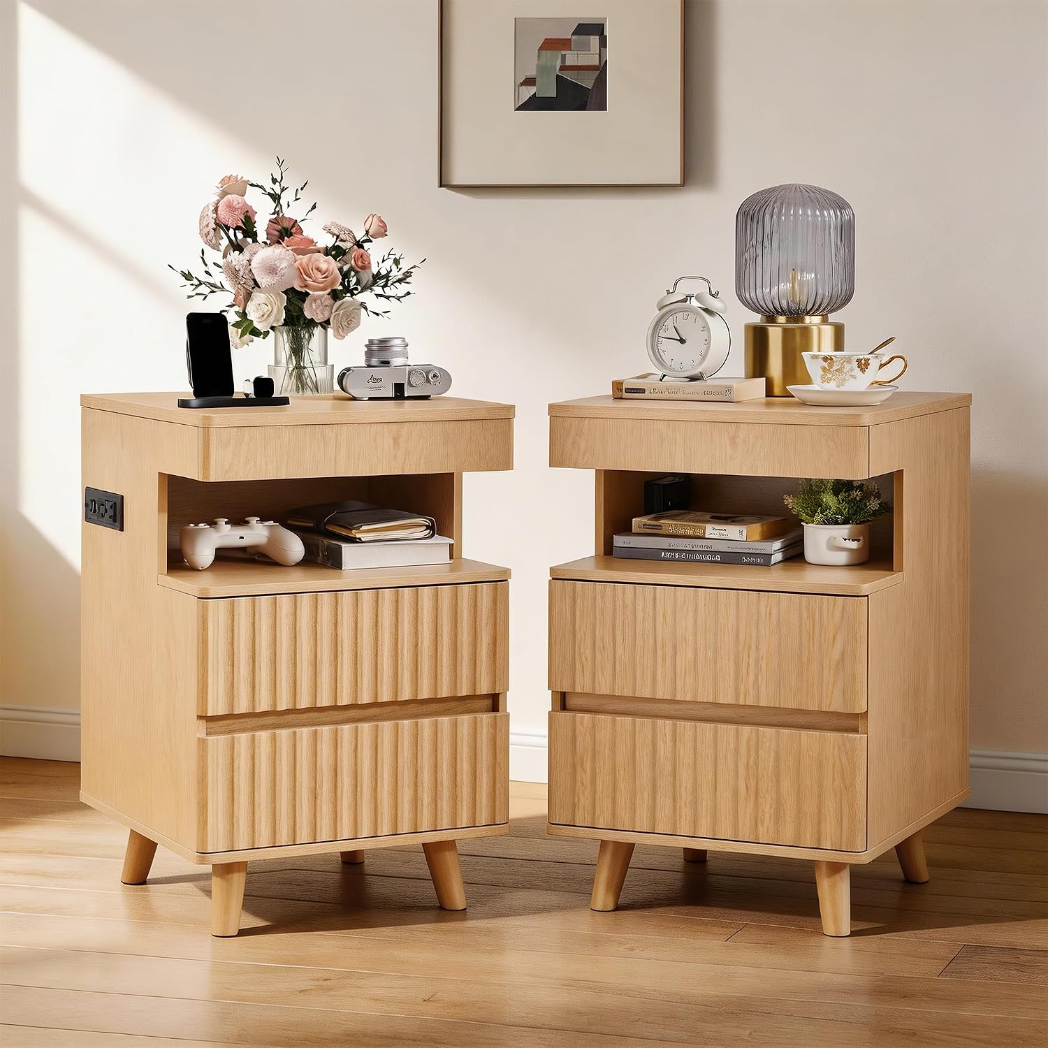 Night Stand with Gun Drawer, Charging Station, End Table with LED Lights, Modern Side Table with 2 Drawers & Open Shelf, Fluted Bedside Table for Bedroom Living Room Office, Oak