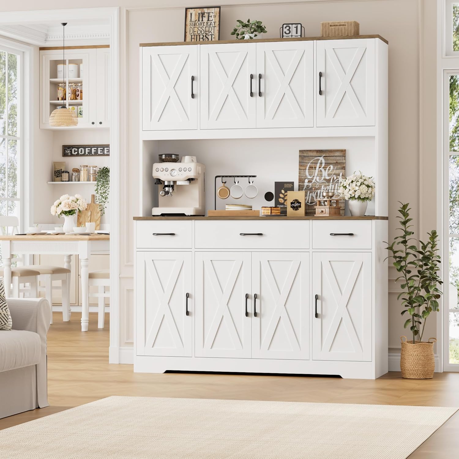 Large Pantry Cabinet with Charging Station and Power Outlet, 71" Tall Kitchen Hutch with Drawers and Countertop, Wide Freestanding Food Storage Cupboard, White