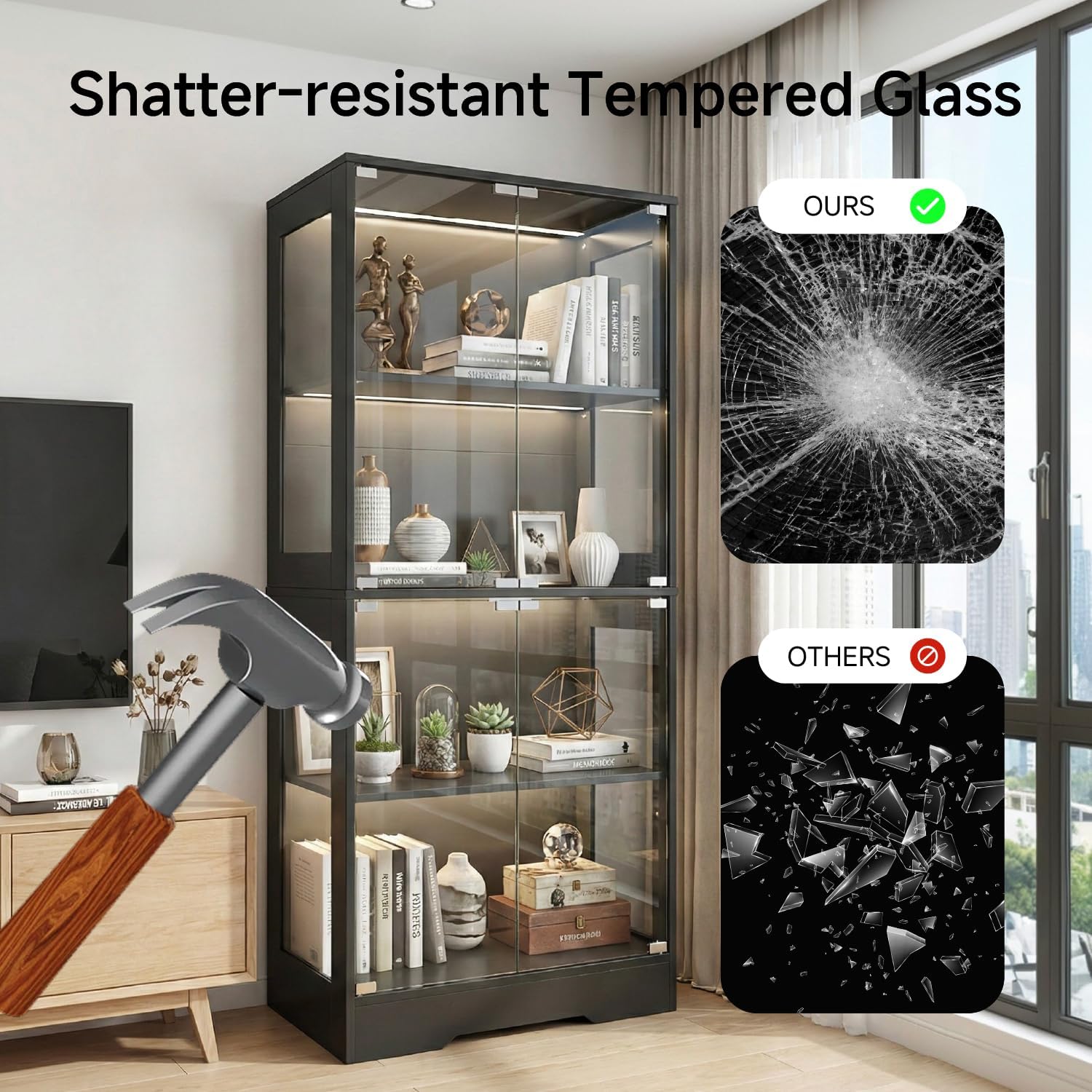 GINGO 2 Pack 5.5 Ft Display Cabinet with Glass Doors, 4-Tier Curio Cabinet W/ 3 Color Lights for Collectibles, Glass Display Case with Human Body Sensor, Bookcase W/ 4 Shelves, Storage Cabinets, Black