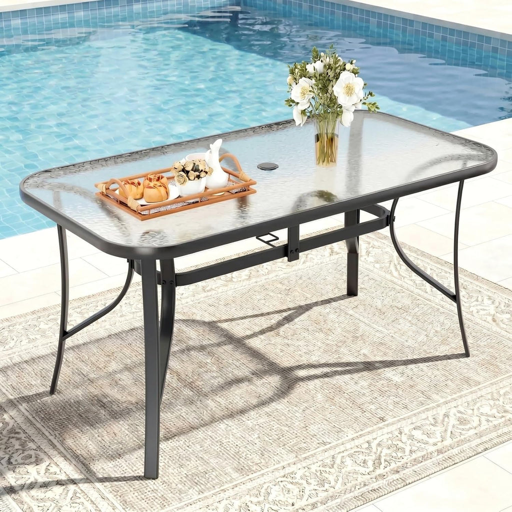 TLSUNNY Patio 30"X 55" Rectangular Glass Table with 1.69″ Umbrella Hole | Outdoor Dining Table for 6, with Powder-coated Metal Frame, 5mm Thickened Glass, 220LBS, All-Weather for Graden, Backyard