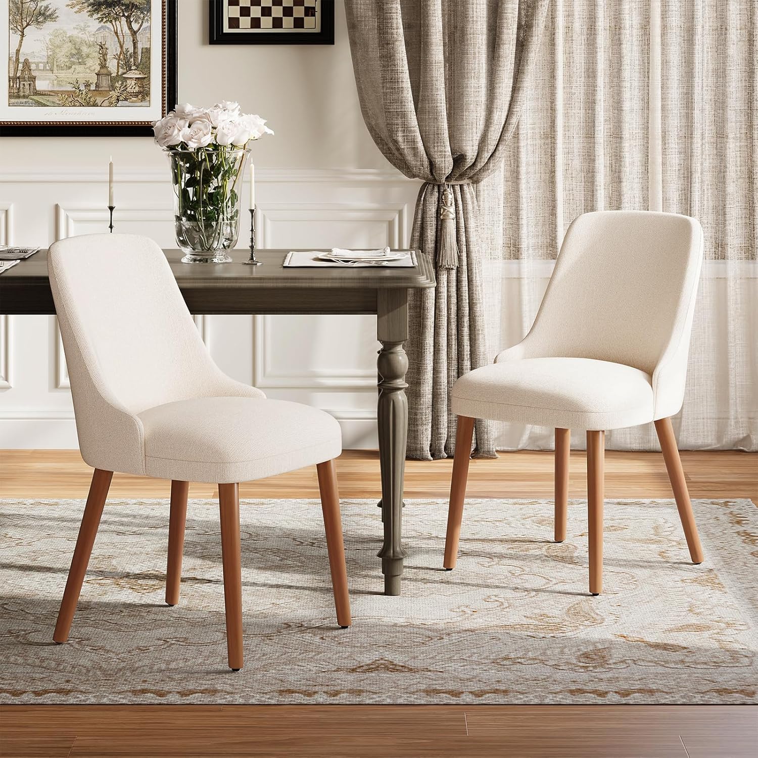 MALOL Dining Room Chair Set of 2, Upholstered Kitchen Chairs with Wood Legs, High-Back Padded Dining Chairs for Dining Room/Restaurant/Cafe, Beige