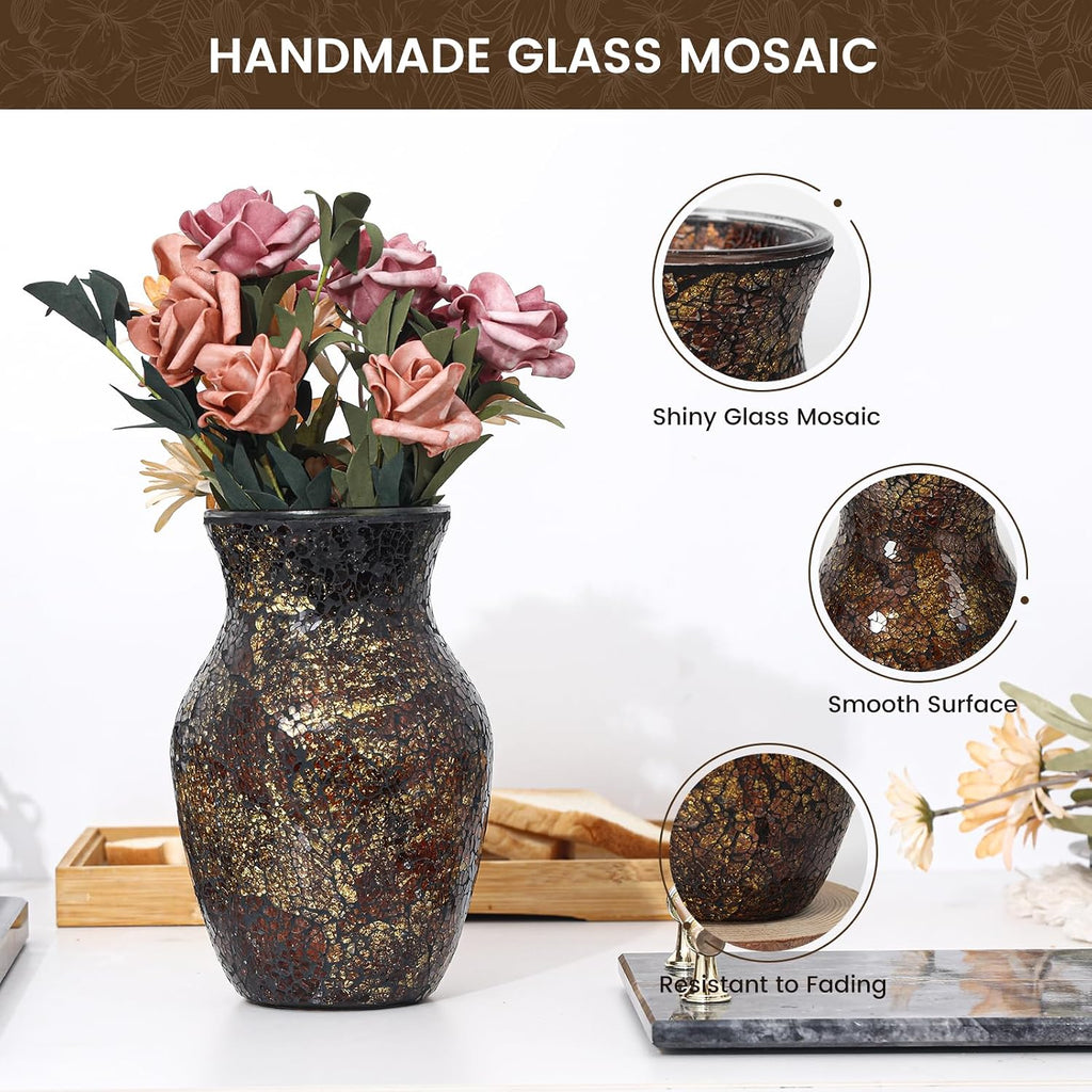 Mosaic Glass Flower Vase for Home Decor, Handmade Glass Vases for Living Room, Kitchen, Wedding, Office (Brown, 5 * 8 Inch)