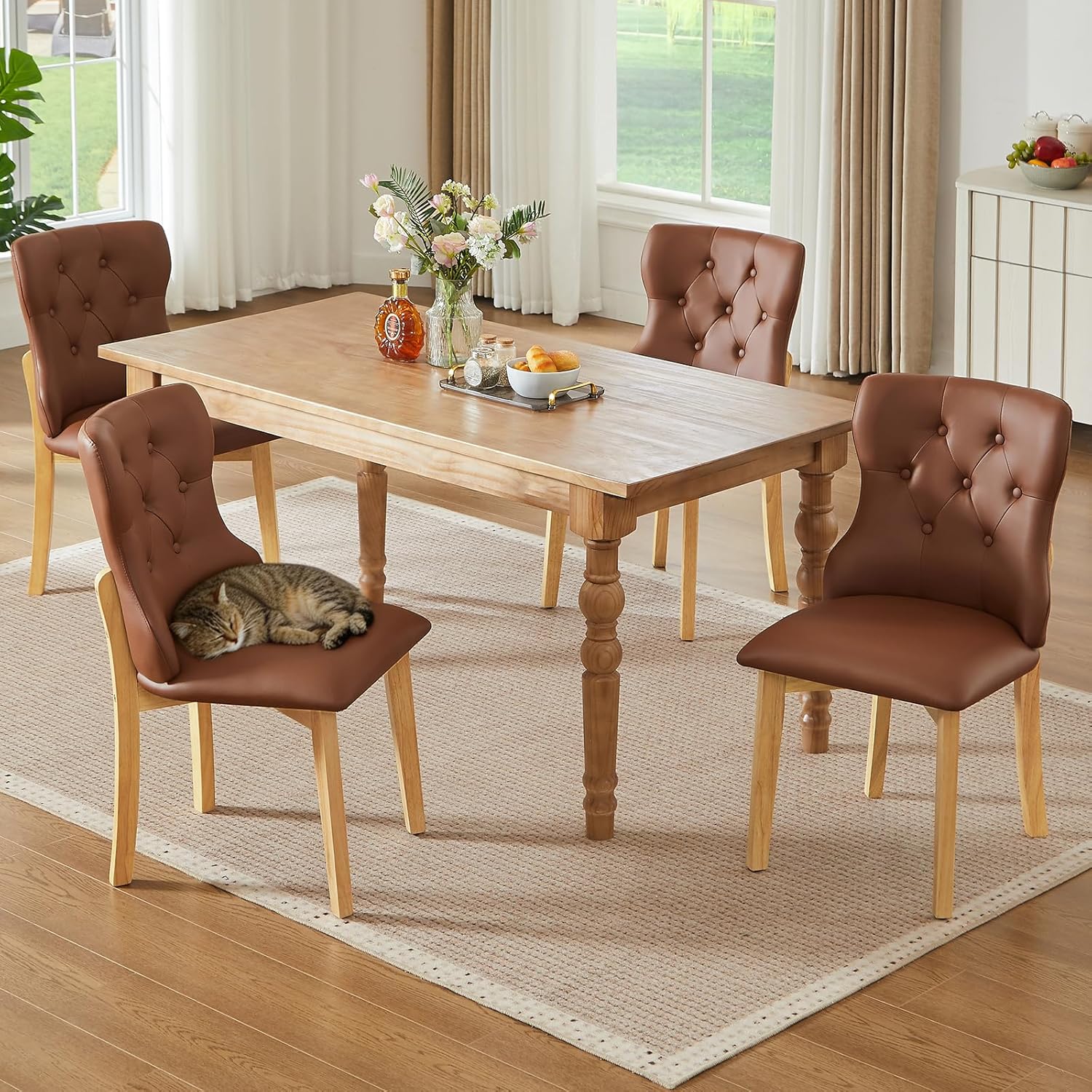 Faux Leather Dining Chairs Set of 4, Upholstered Dining Room Chair with Button Tufted, Solid Wood Legs, Mid Century Modern, Luxury Wingback Side Chair for Living Room, Kitchen, Restaurant, Brown