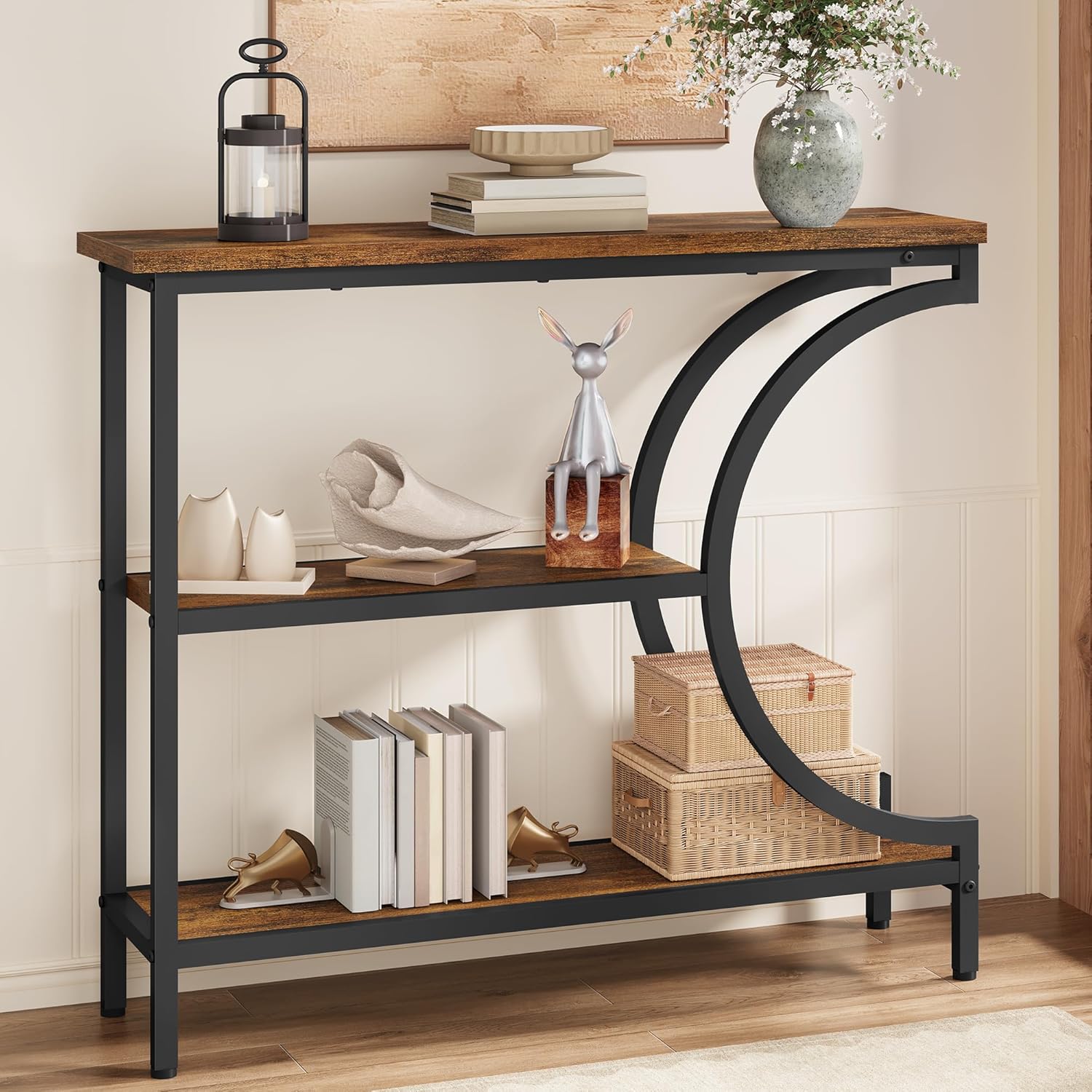 Hoctieon Console Table Set of 2, 3-Tier Industrial Entryway Table with Storage, Hallway Tables, Narrow Entrance Sofa Tables,Accent Tables with Shelves for Living Room, Foyer, Rustic Brown