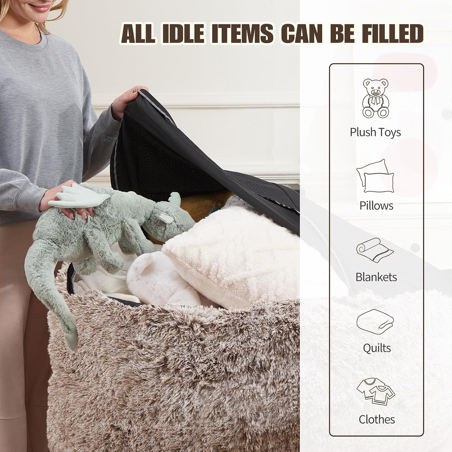 Bean Bag Cover (No Filler), Soft Faux Fur Stuffed Animal Bean Bag Storage, Fluffy Plush Bean Bag Chair Cover Washable, Comfy Bean Bag Covers for Adults Kids Teens, 38"x40" Ombre Khaki