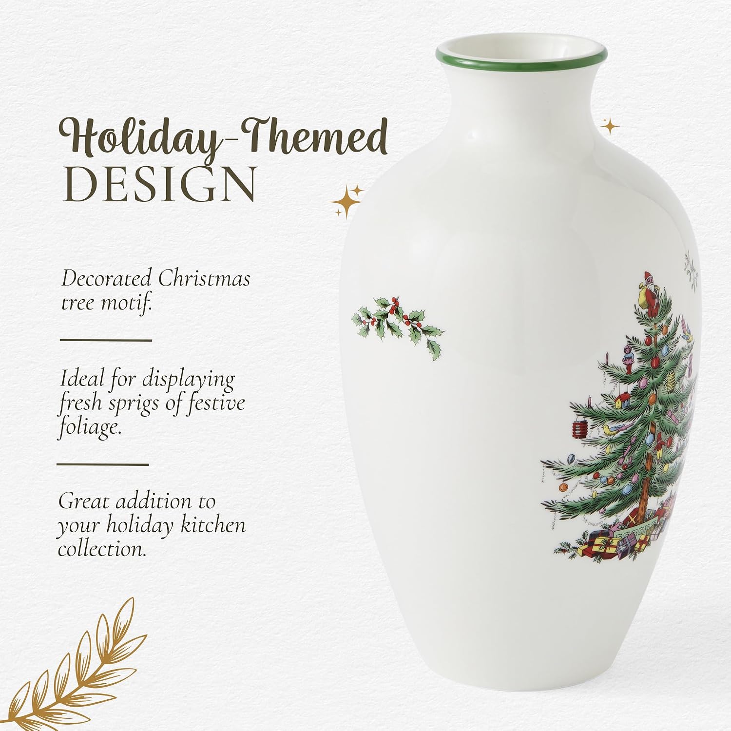 Spode Christmas Tree 10" Posy Vase - Elegant Ceramic Flower Vase, Holiday Centerpiece for Floral Arrangements & Home Decor - Beautiful Handcrafted Accent for Festive Decorations