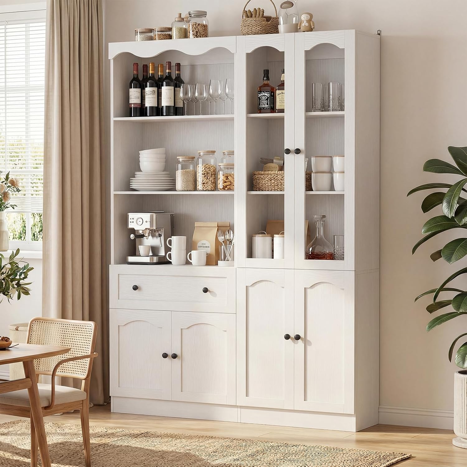 Cyclysio 2-Piece Pantry Cabinet Set, 80" Tall Kitchen Pantry Storage Cabinets with Glass Doors, Open Shelves and Drawer, White Pantry Hutch Set with Adjustable Shelf, 3.15" Baseboard Cutout