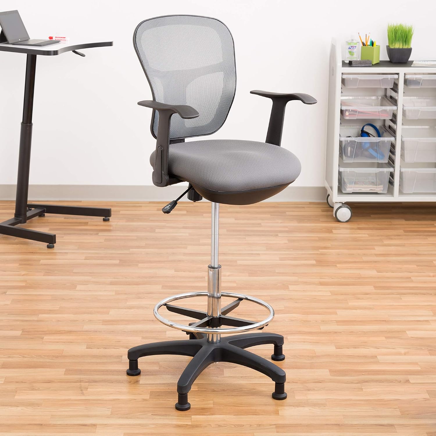Norwood Commercial Furniture Adjustable-Height Office Mesh Drafting Chair with Chrome Footrest Ring & Optional Arms