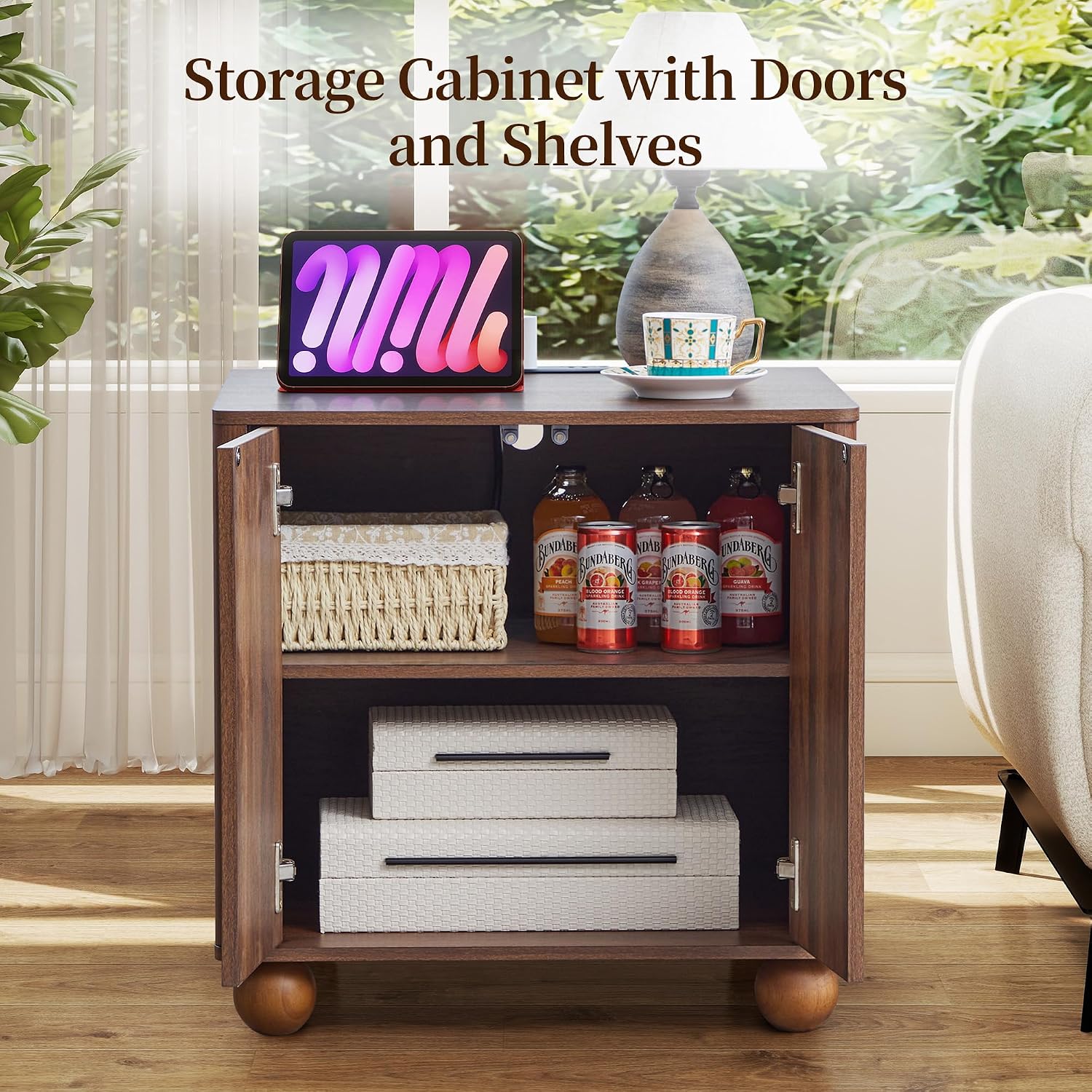 Bed Side Table with Charging Station, Mid Century Modern Nightstand with 2 Doors, Square End Table with Storage for Couch, Living Room, Small Spaces, Sofa Side Table for Office, Dorm, Walnut