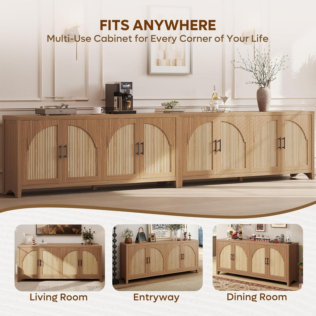 Bestier 70" Sideboard Buffet Cabinet with Storage, Boho Credenza Storage Cabinet, Farmhouse Arch Fluted Doors & Adjustable Shelves, Wood Long Buffet Cabinet for Living Room, Entryway, English Oak