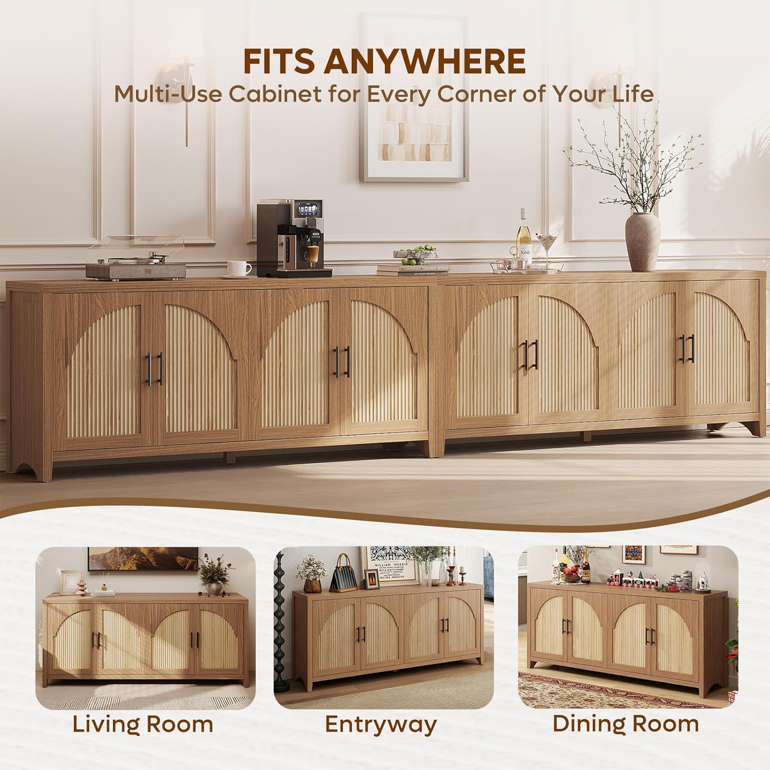 Bestier 70" Sideboard Buffet Cabinet with Storage, Boho Credenza Storage Cabinet, Farmhouse Arch Fluted Doors & Adjustable Shelves, Wood Long Buffet Cabinet for Living Room, Entryway, English Oak
