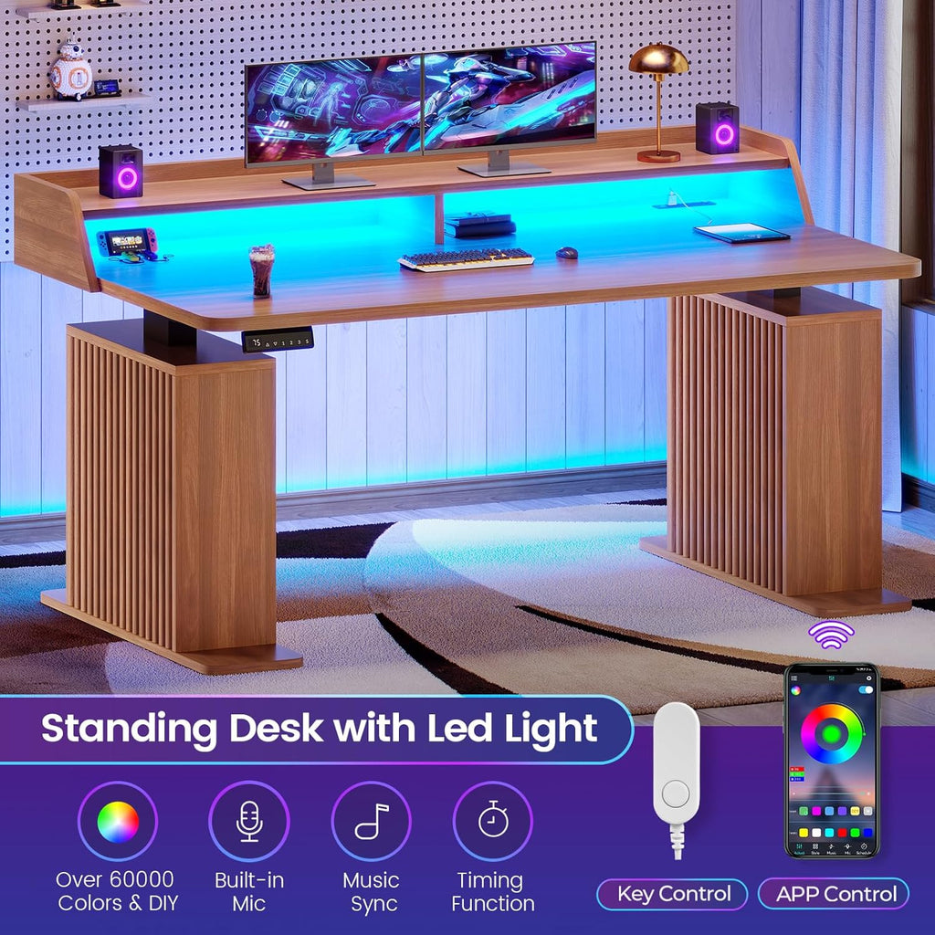 SEDETA Standing Desk with Storage, 55" Fluted Stand Up Desk with Power Outlets and LED Lights, Height-Adjustable Table with Monitor Shelf for Home Office & Gaming, Brown