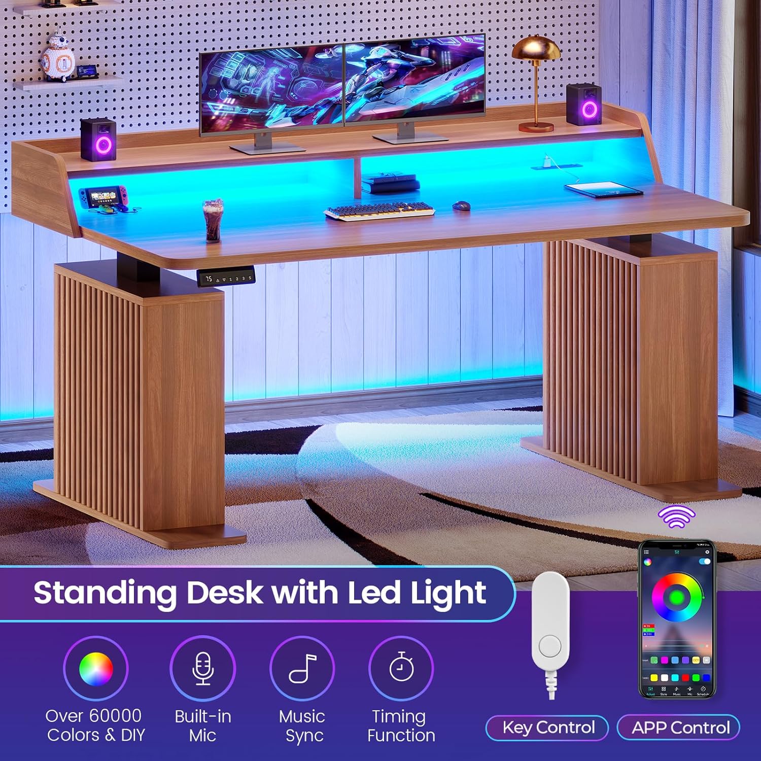 SEDETA Standing Desk with Storage, 55" Fluted Stand Up Desk with Power Outlets and LED Lights, Height-Adjustable Table with Monitor Shelf for Home Office & Gaming, Brown