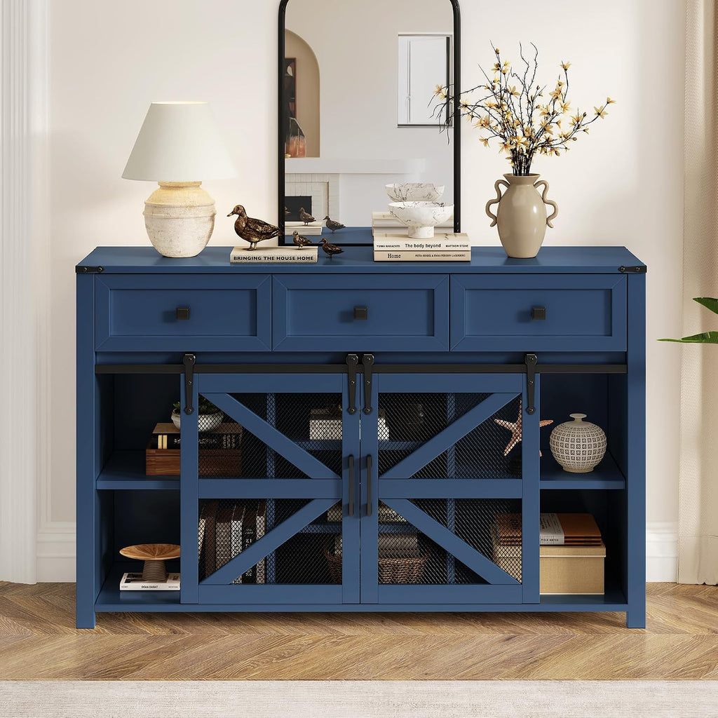 Virubi 55 in Sideboard Buffet Cabinet with Storage,Sliding Barn Doors,3 Drawers and Shelves,Farmhouse Coffee Bar Cabinet for Living Room,Hallway,Entryway,Navy Blue