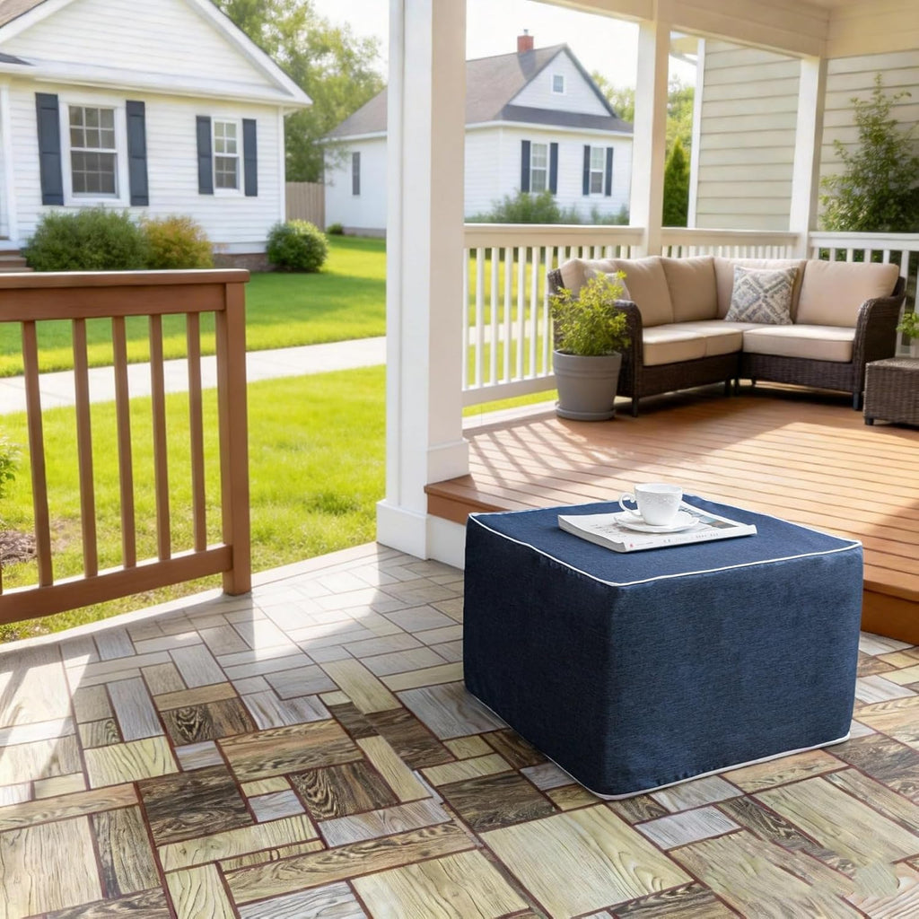 20x14 In Outdoor Square Ottoman – Lightweight Patio Ottoman Footrest with High-Density Foam Filler Perfect as Waterproof Footstool or Extra Seating for Decks, Gardens, or Poolside (Navy Blue)