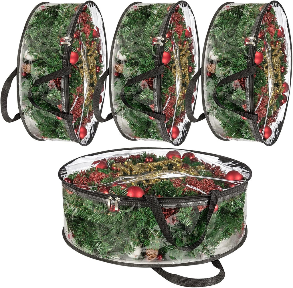 4 PCS Clear Wreath Storage Bag, 24x8 Inch Christmas Wreath Storage Container, Heavy Duty PVC Wreath Protector with Handle for Xmas Holiday Seasonal Wreath Garland (Black)