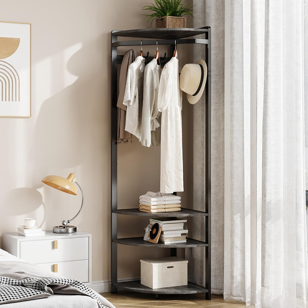 GarveeHome Corner Coat Rack with Shoe Bench Entryway, Corner Hall Tree with 6 Double Hooks, Corner Clothes Rack with Storage Corner Tree with Organizer Shoe Bench Shelf for Entryway, Hallway, Closet