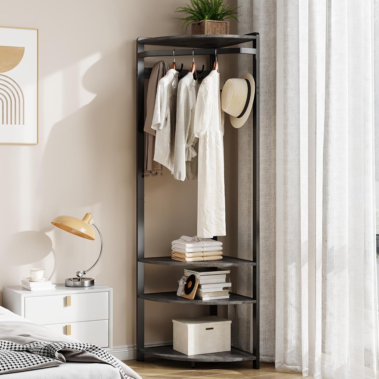 GarveeHome Corner Coat Rack with Shoe Bench Entryway, Corner Hall Tree with 6 Double Hooks, Corner Clothes Rack with Storage Corner Tree with Organizer Shoe Bench Shelf for Entryway, Hallway, Closet