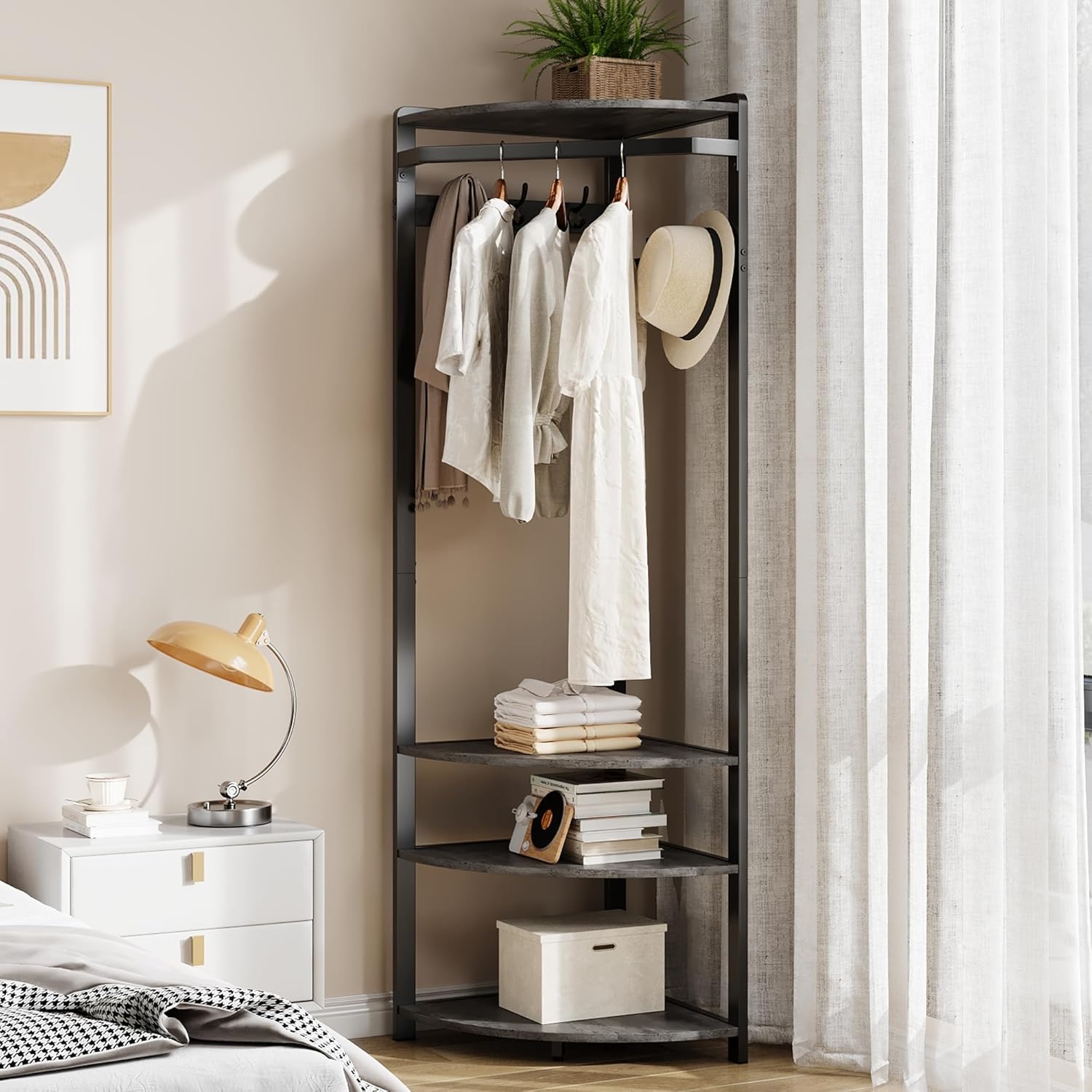 GarveeHome Corner Coat Rack with Shoe Bench Entryway, Corner Hall Tree with 6 Double Hooks, Corner Clothes Rack with Storage Corner Tree with Organizer Shoe Bench Shelf for Entryway, Hallway, Closet