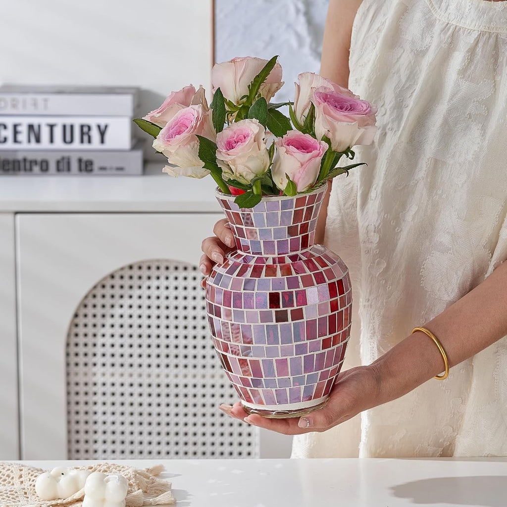 Pink Mosaic Glass Flower Vase, 8.7 Inch Handmade Home Decorative Vase for Living Room, Kitchen, Wedding, Pink Vase for Home Decor(Large)