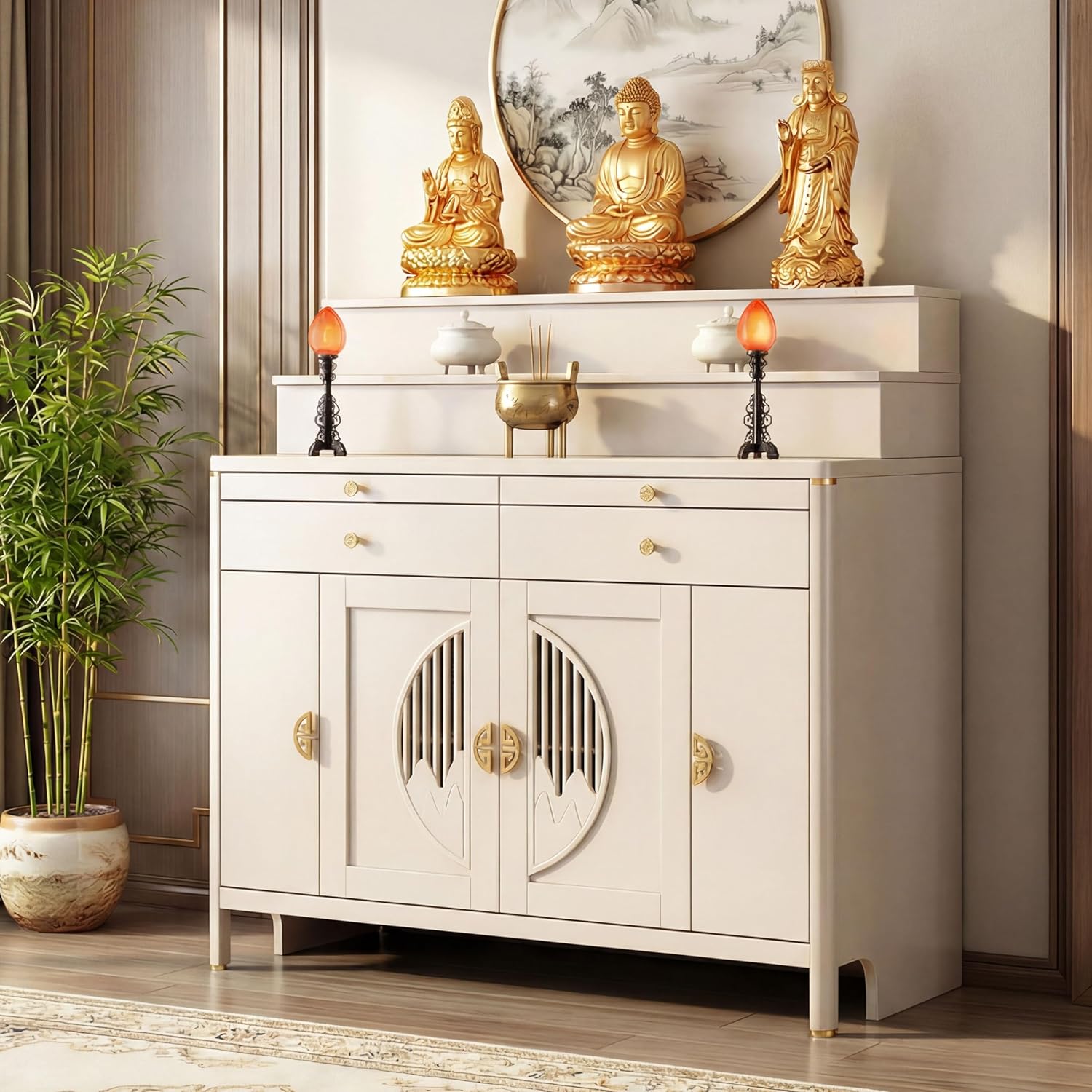 Solid Wood Frame Buddhist Altar Cabinet, Personal Shrine Altar Table with Storage Drawer, Chinese Cabinet Pedestal Offering Table Buddhist Prayer (White, 49.6" L * 23.6" W * 50" H in, Wood)