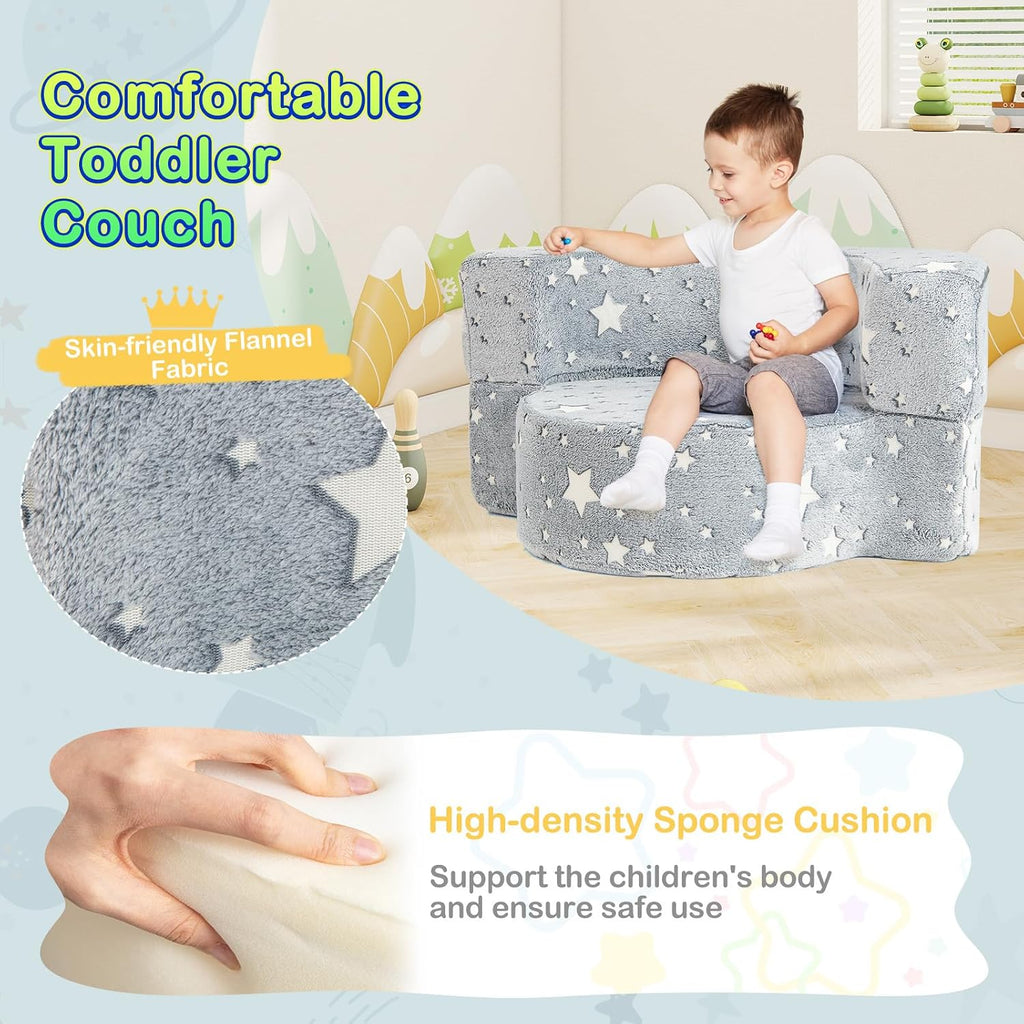Costzon Kids Couch, 2 in 1 Convertible Toddler Reading Chair Sofa Glow in The Dark with 8-inch Sitting Cushion, Flannel Cover, Lightweight Children Plush Sofa Chair for Boys Girls Gifts