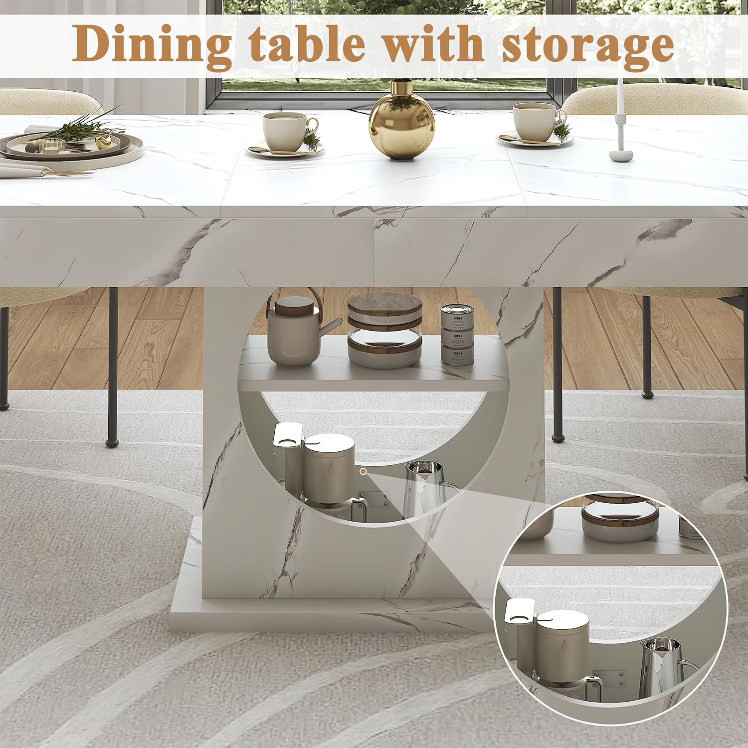 Dining Table for 4-6 People, 55 Inches Dinner Table with Drawers and Open Storage, Wooden Pedestal Base, Rectangular Farmhouse Kitchen Table for Kitchen, Living Room, Marble White