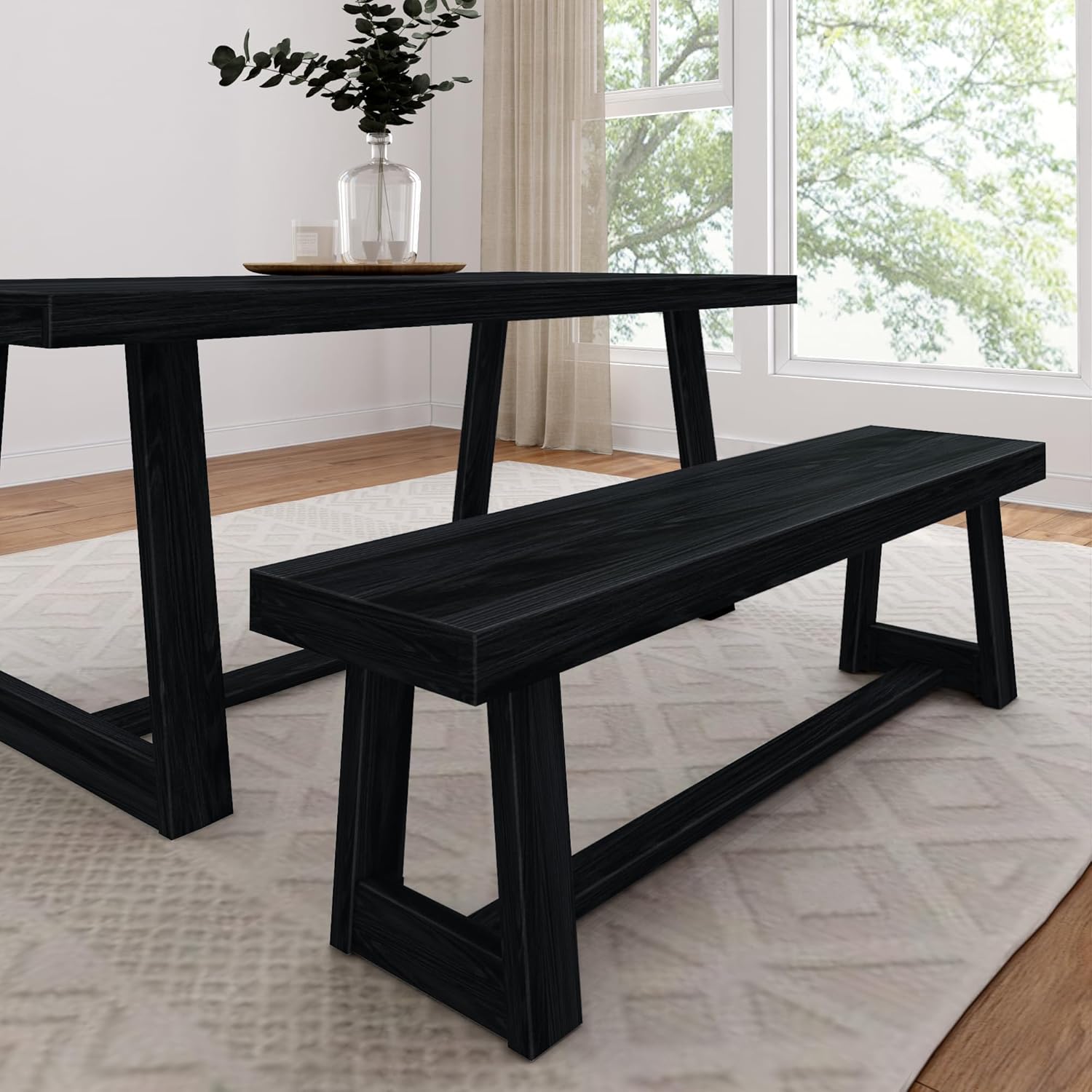 Plank+Beam 60 Inch Farmhouse Dining Bench, Solid Wood Entryway Bench, Wooden Outdoor Bench, Kitchen Dining Seat, Dining Room, Home Office, Living Room Furniture, Easy Assembly, Black Wirebrush