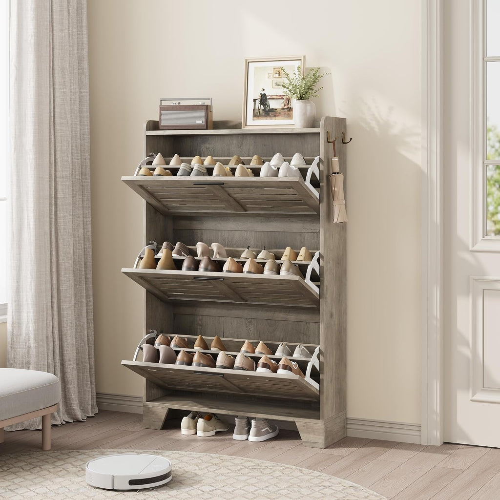 IDEALHOSUE Shoe Cabinet Storage for Entryway, Slim Shoe Storage Cabinet with 3 Flip Drawers, Freestanding Hidden Narrow Shoe Organizer Cabinet with Hooks for Entrance, Foyer, Hallway, Gray