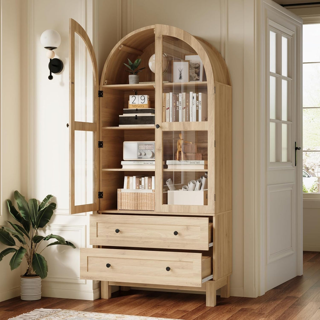 Furnify 71" Tall Arched Kitchen Pantry, Wood Pantry Cabinet with 2 Large Drawers and Glass Doors, Modern Farmhouse Versatile Cupboard for Kitchen, Dining Room, Living Room, Natrual