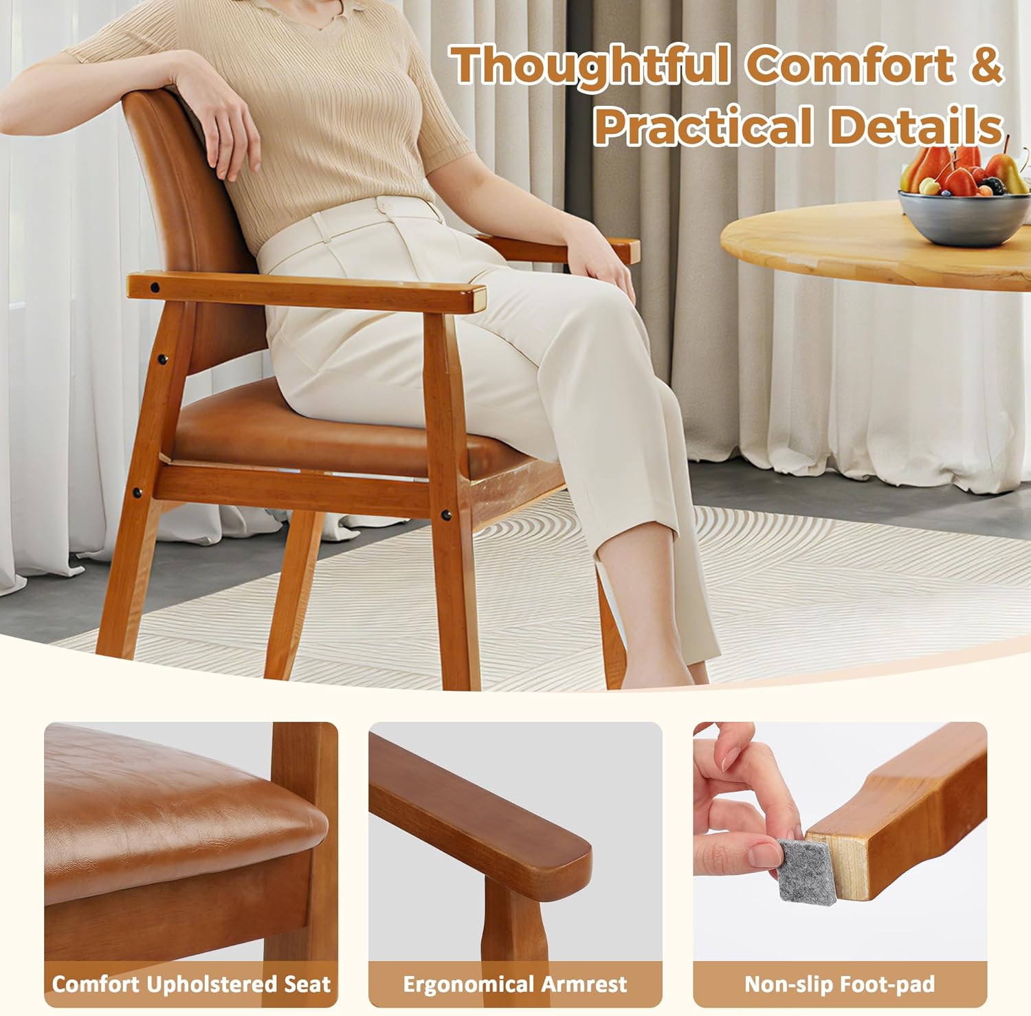 NOBPEINT Mid-Century Modern Dining Chairs with Armrest Set of 4, PU Leather Upholstered Dining Room Chairs with Solid Wood Frame, Walnut Kitchen Armchairs for Kitchen Living Room Restaurant, Brown