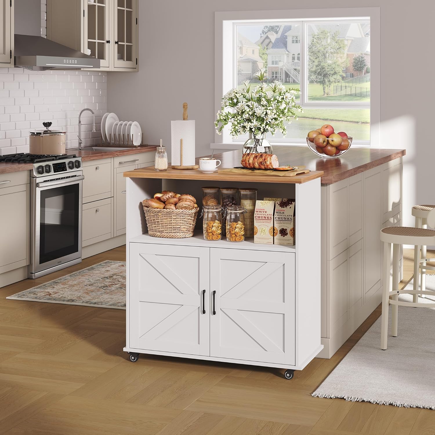 Garvee Rolling Kitchen Island with Storage Cabinet, 40.4'' Width Kitchen Cart, Portable Mobile Kitchen Island with Towel Rack, Wood Top and Lockable Wheels for Kitchen, Dining Room