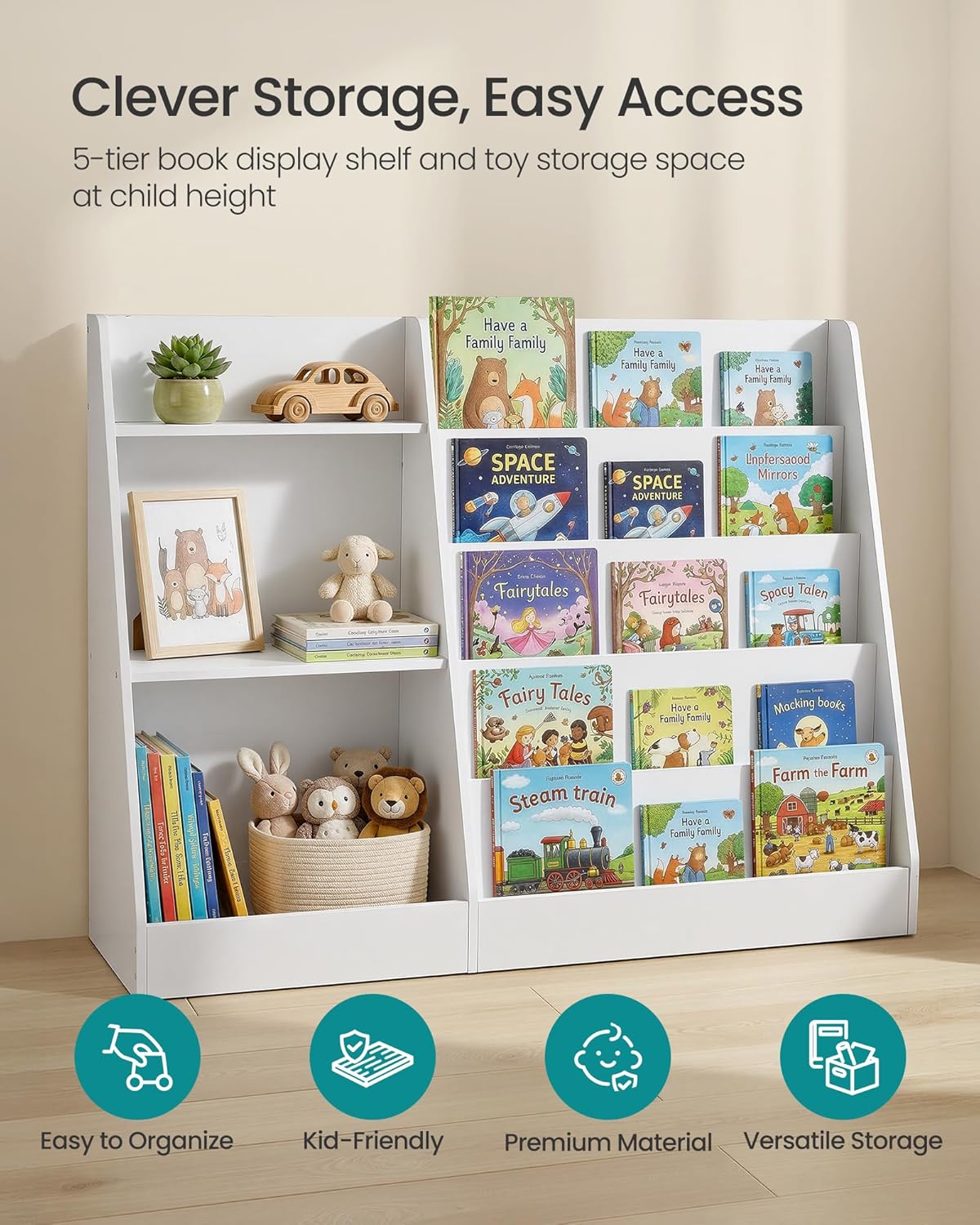 SONGMICS Custos Collection - Book and Toy Storage Organizer, 5-Tier Montessori Kids Bookshelf and Toy Storage Shelf, for Children's Room, 11.8 x 40.8 x 31.5 Inches, Cloud White UGKR077WZ01