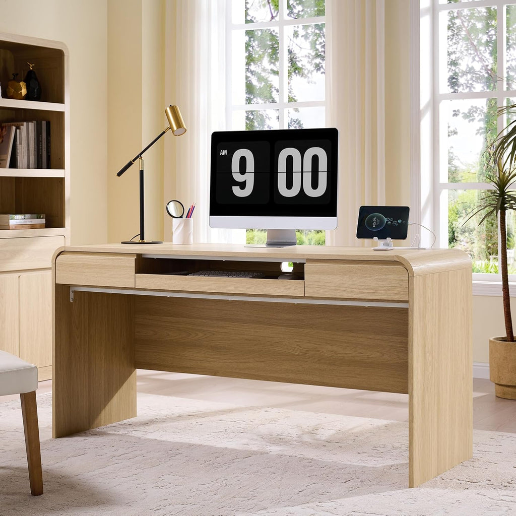 63" Modern Computer Desk with 2 Drawers, Wood Curved Executive Desk with Keyboard Tray & Power Outlet, Writing Desks with Storage for Home Office, Study Room, Living Room (Natural)
