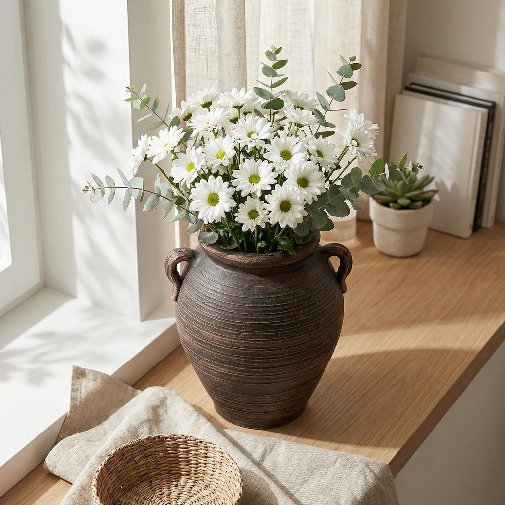 Vintage Terracotta Vase with Dual Handles, Rustic Distressed Ceramic Vase, Large Textured Pottery for Boho Farmhouse Decor, Table Centerpiece,Dried Floral Arrangements