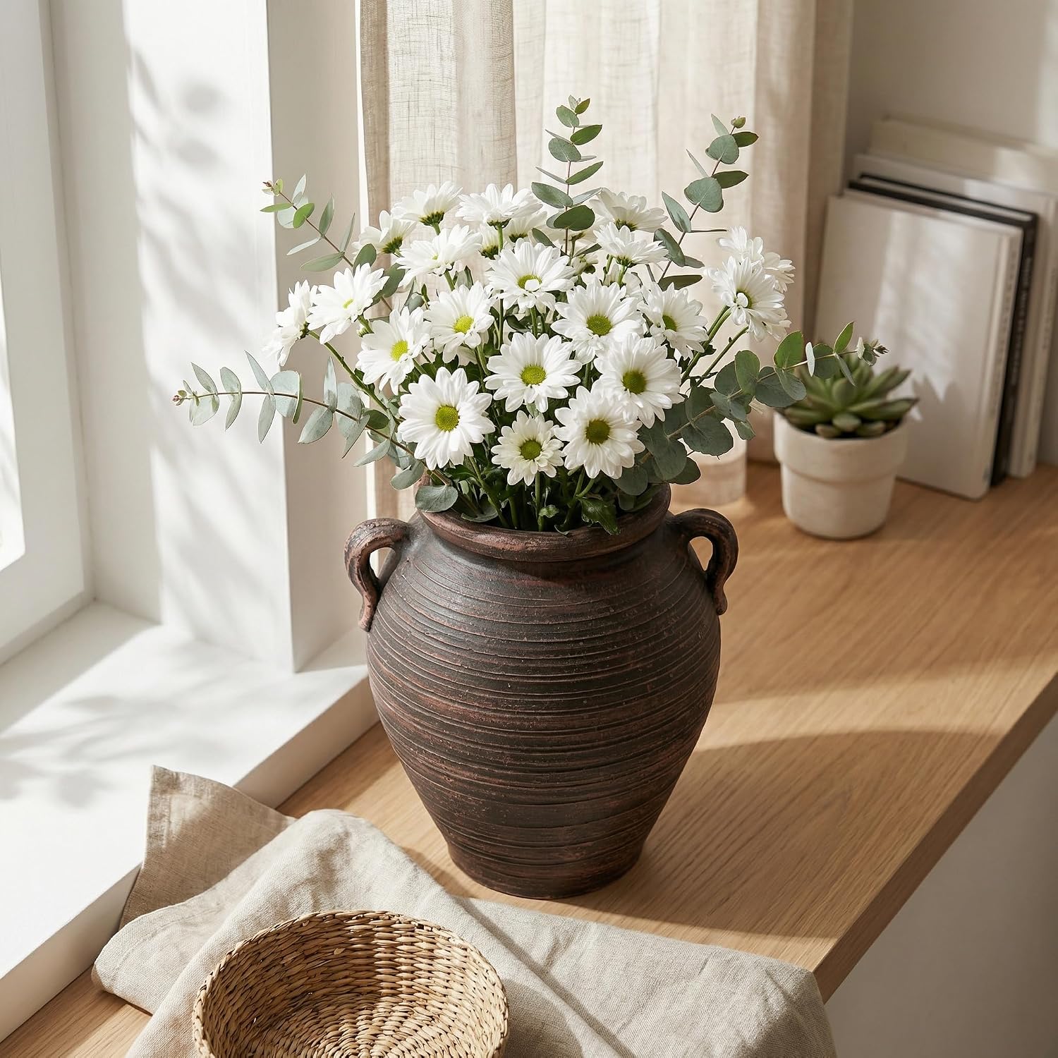 Vintage Terracotta Vase with Dual Handles, Rustic Distressed Ceramic Vase, Large Textured Pottery for Boho Farmhouse Decor, Table Centerpiece,Dried Floral Arrangements
