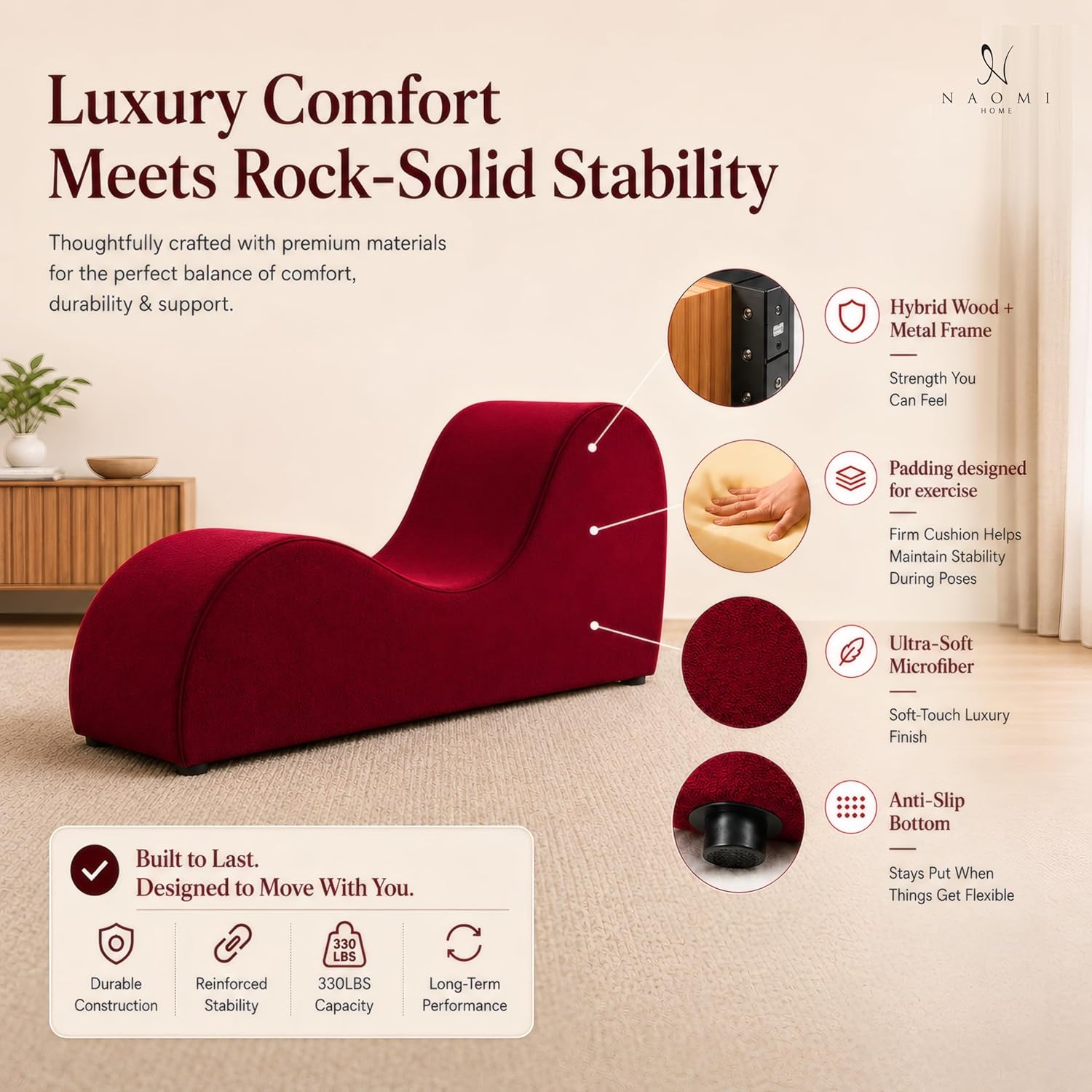 Naomi Home Yoga Chair for Adults - Ergonomic Yoga Chaise Lounge Bench, Wood & Metal Frame, 330 lb Capacity, Upholstered Microfiber Lounge for Deep Stretching, Relaxation & Creative Comfort - Red