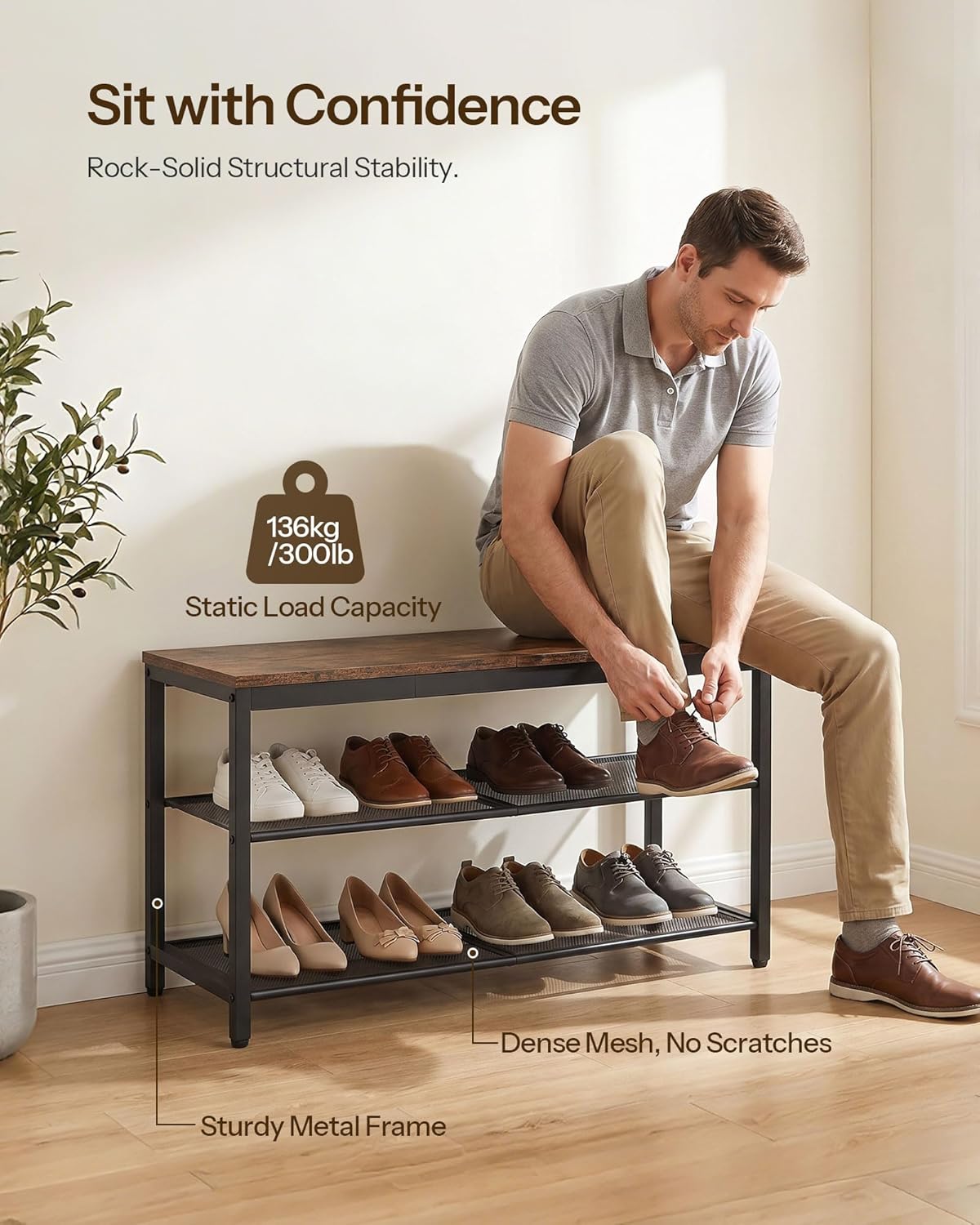 HOOBRO Shoe Bench, 3-Tier Shoe Rack, Industrial Shoe Organizer Storage Bench, 29.5 inches Entry Bench with Mesh Shelves, for Entryway, Living Room, Hallway, Easy Assembly, Rustic Brown BF75HX01